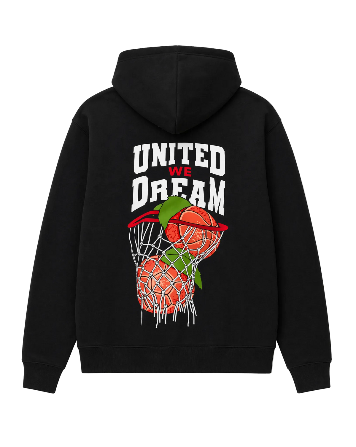 Black hoodie with 'United We Dream' text and basketball graphic