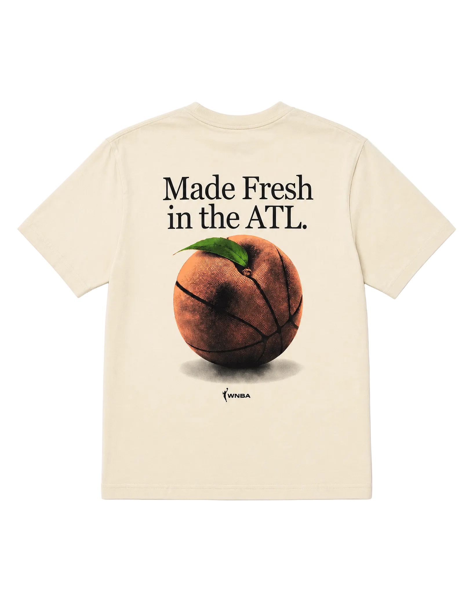 Beige t-shirt with a basketball graphic and text 'Made Fresh in the ATL'