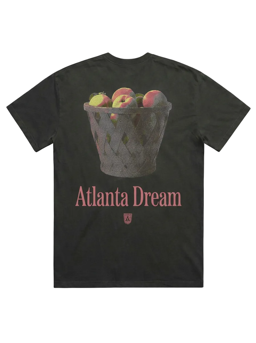 Black t-shirt with a graphic of a basket of peaches and 'Atlanta Dream' text on a white background
