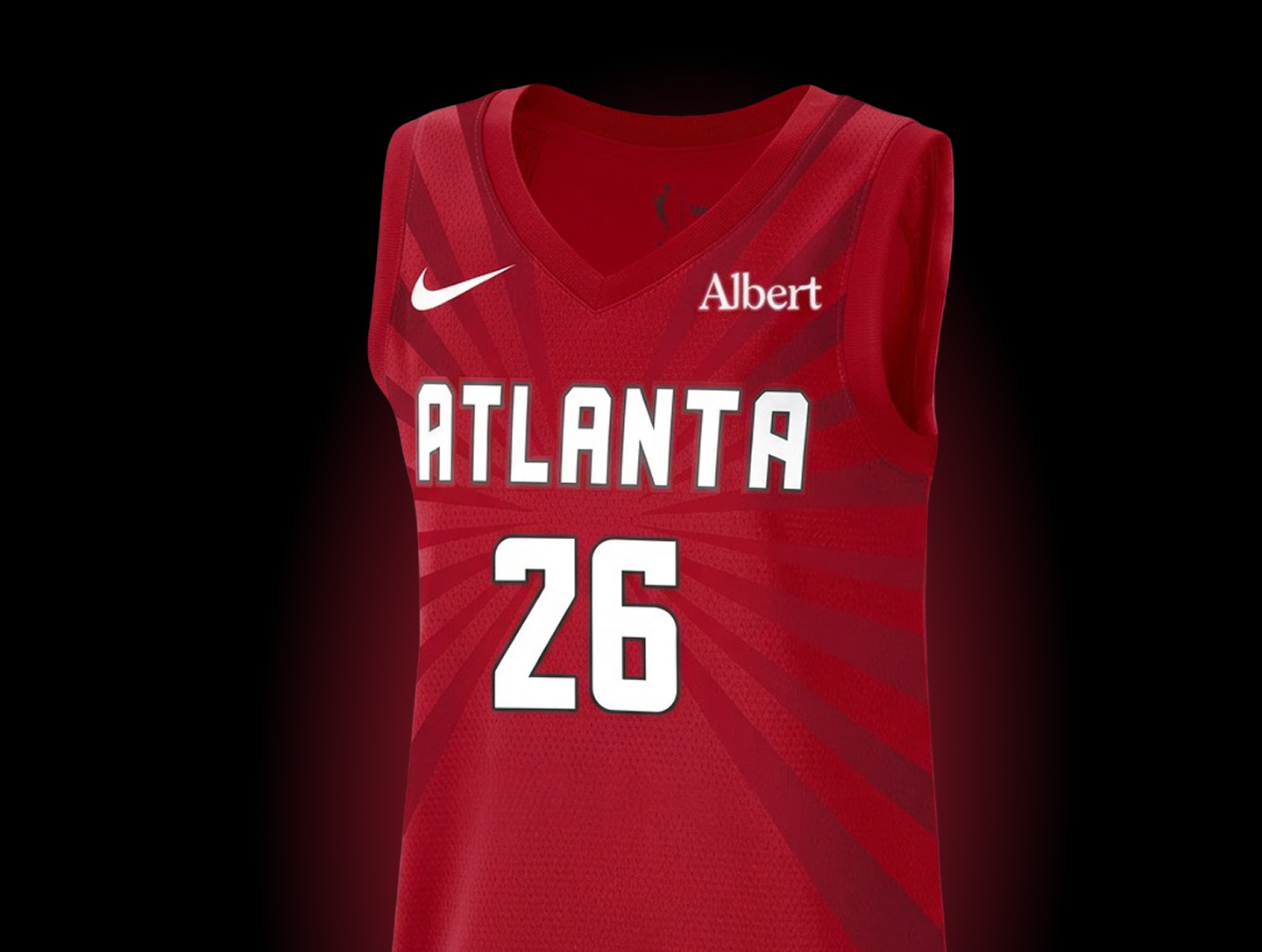 Red basketball jersey with 'Atlanta' and number '26' on a dark background