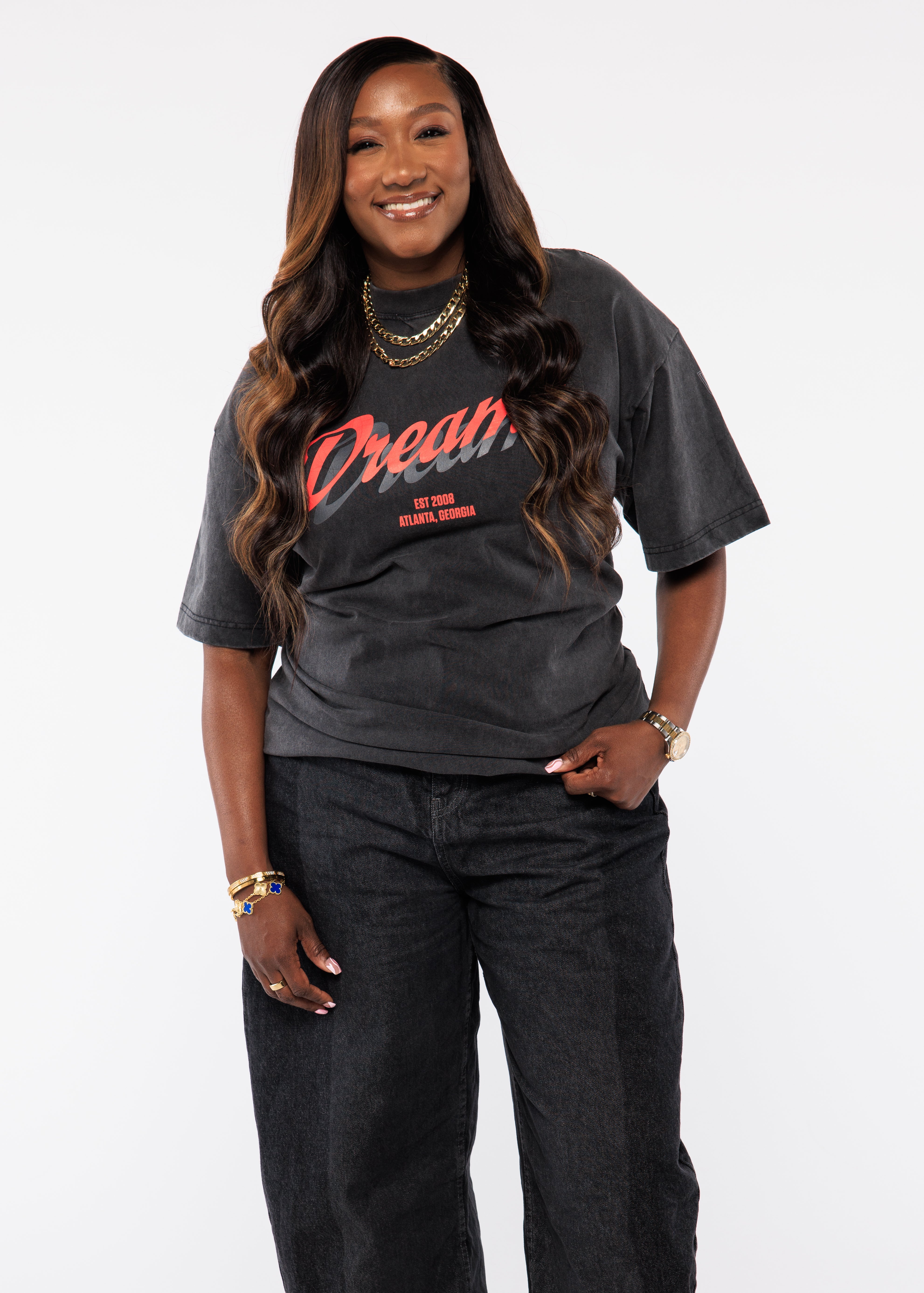 Wearing a black t-shirt with red text 