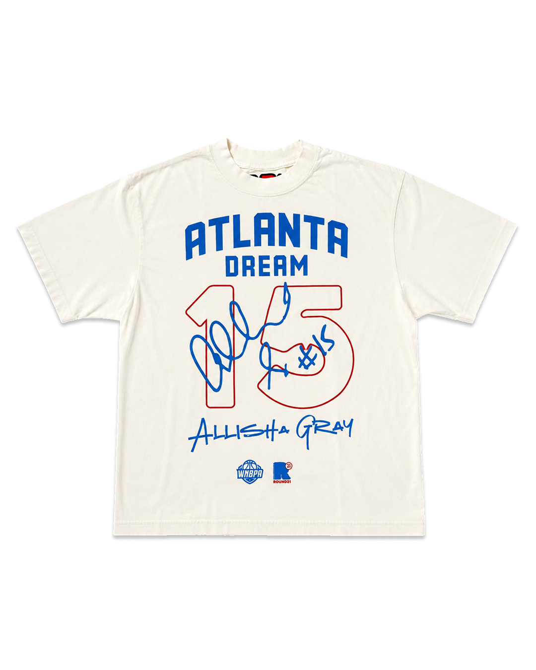 An off-white short-sleeve graphic T-shirt laid flat on a white background. The shirt features the text 'ATLANTA DREAM' in blue, a large outlined number 15 in red and blue, a blue autograph across the front, 'Allisha Gray' in blue script, and a small MLB logo near the bottom.