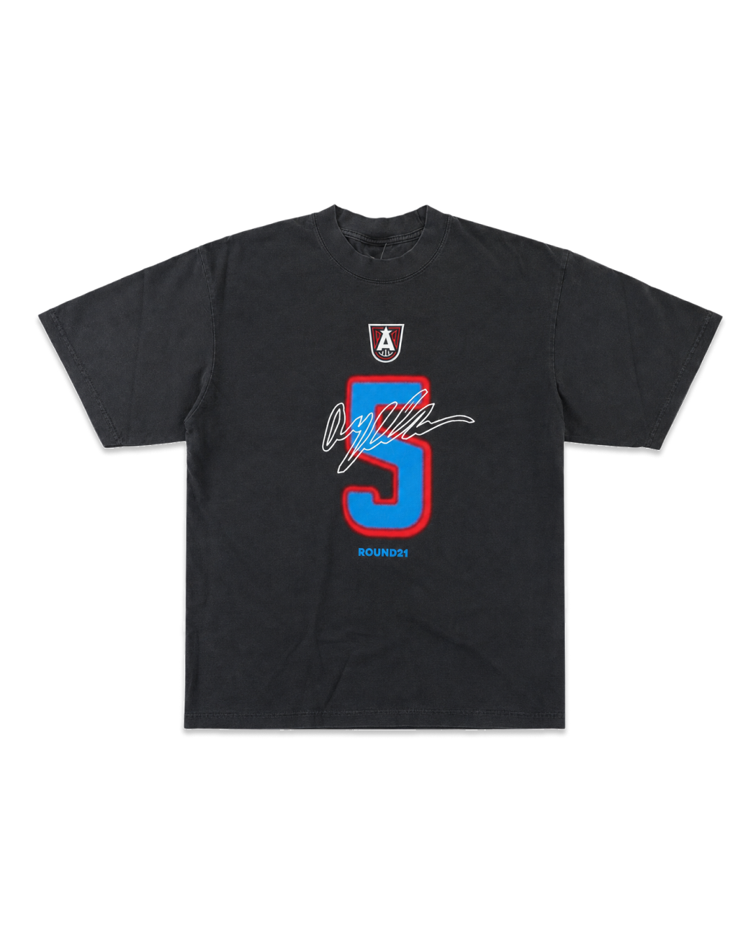 A black short-sleeve t-shirt with a graphic on the front featuring a large blue number 5 outlined in red, a white script signature across the chest, a small shield logo above, and the word 'BOURNOS' below.