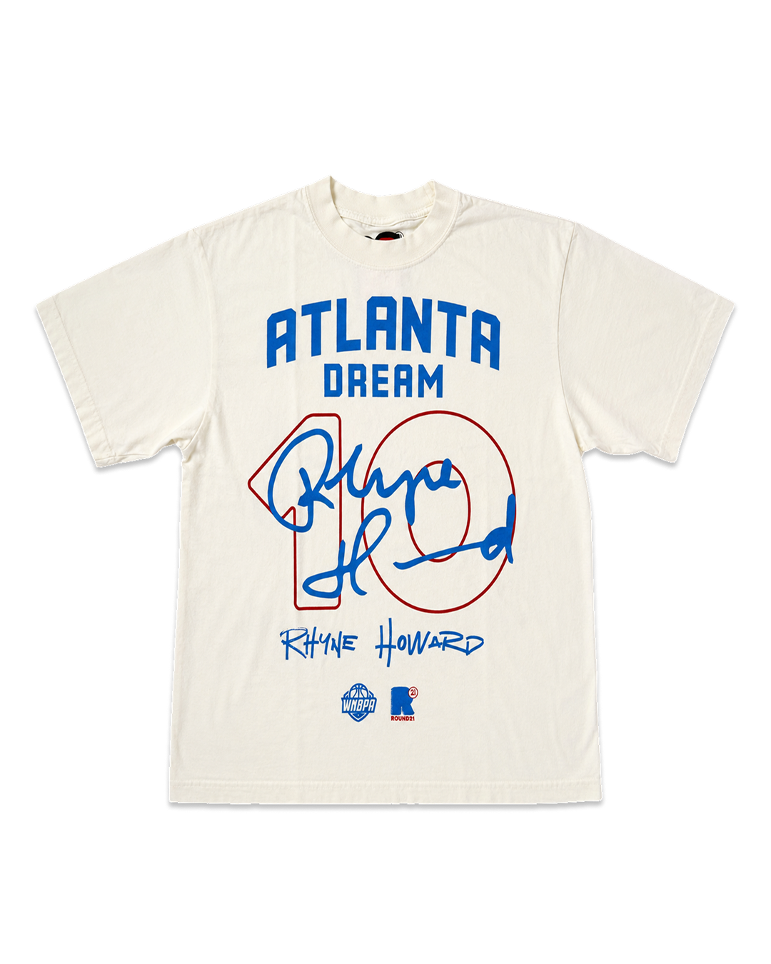 An off-white short-sleeve graphic T-shirt featuring 'ATLANTA DREAM' in blue text, a large red-outlined number 10, a blue signature across the front, and 'Rhyne Howard' printed below.