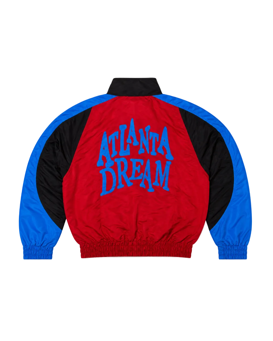 The back of a windbreaker jacket featuring a red body, blue and black sleeves, and 'ATLANTA DREAM' printed in blue across the back, shown on a neutral gray background.