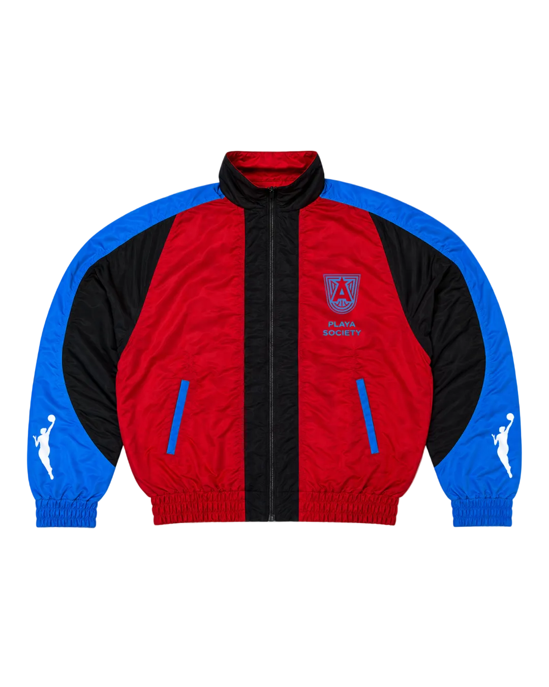 A colorblock windbreaker jacket with a bold red, black, and blue color scheme, featuring a zip-up front, elastic cuffs, and a white silhouette logo on the sleeve.