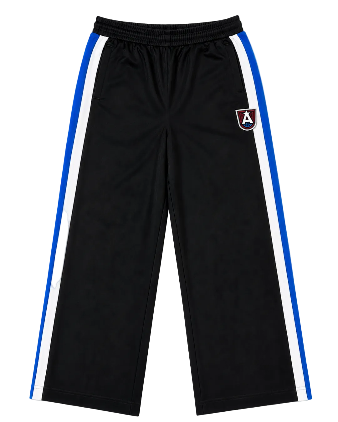 Black athletic pants with blue and white side stripes and a small shield logo on the left thigh, shown flat against a light gray background.