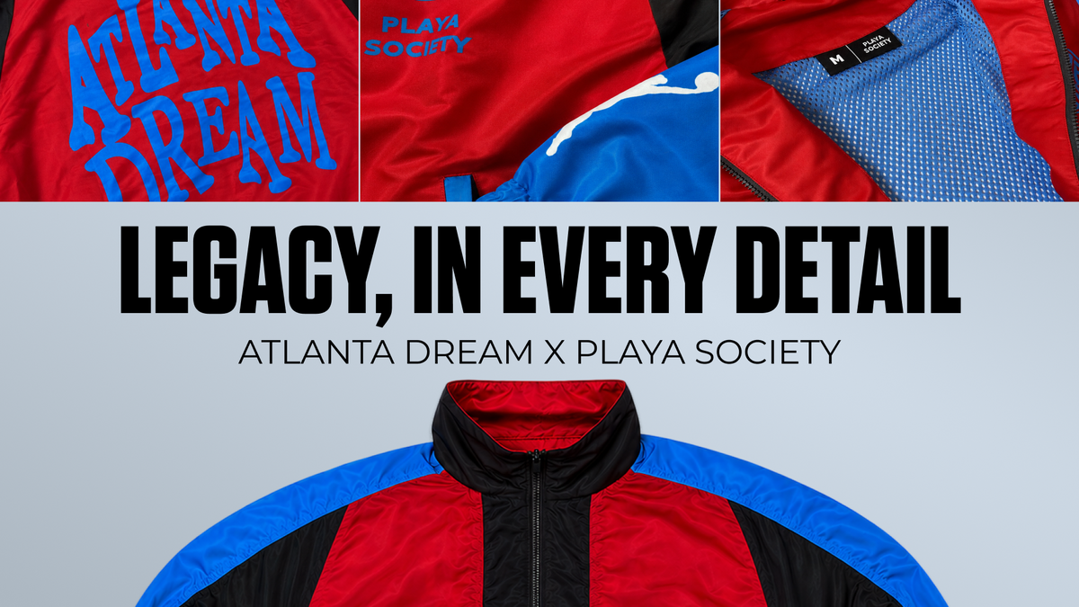 Multiple detailed images of the Atlanta Dream Playa Society Track Jacket with the words "Legacy, in every detail"