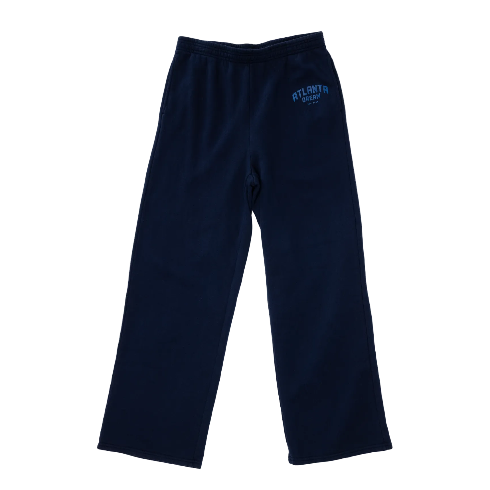 Navy blue sweatpants with a logo on the left leg 