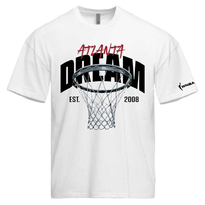 Atlanta Dream Hoops TeeWhite t-shirt featuring the graphic "ATLANTA DREAM" with the "EST. 2008" text above a basketball hoop graphic. The shirt has a dropped shoulder design, a thick 1" neckband, and a finished straight hemline. The WNBA and Atlanta Dream logos are displayed on the sleeve.