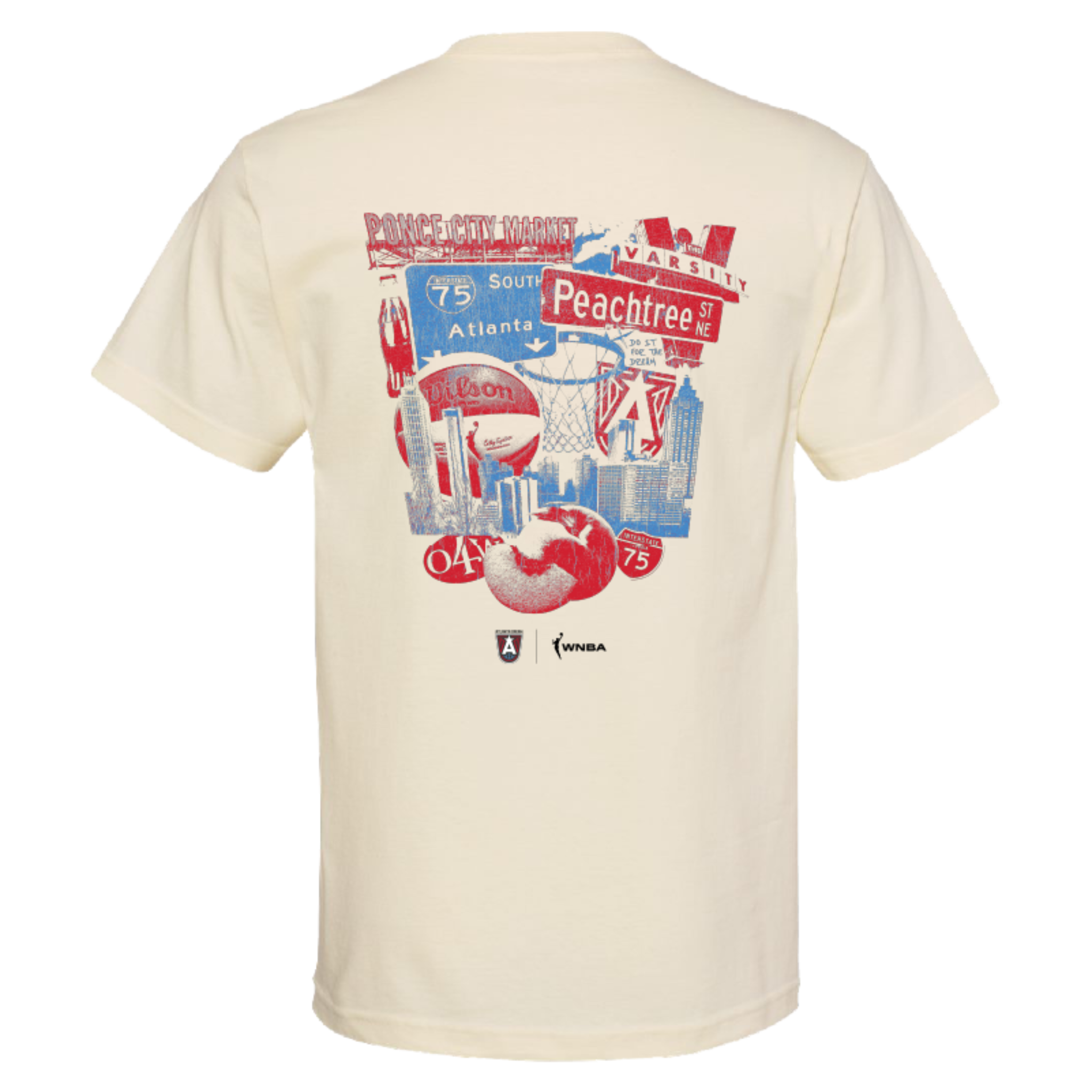 Back of Cream-colored t-shirt featuring the graphic "Just A Girl From '404'" in bold text, with Atlanta landmarks like Peachtree Street and a peach basketball. The design also includes the WNBA and Atlanta Dream logos at the bottom. The shirt has a classic fit with a ribbed crewneck.