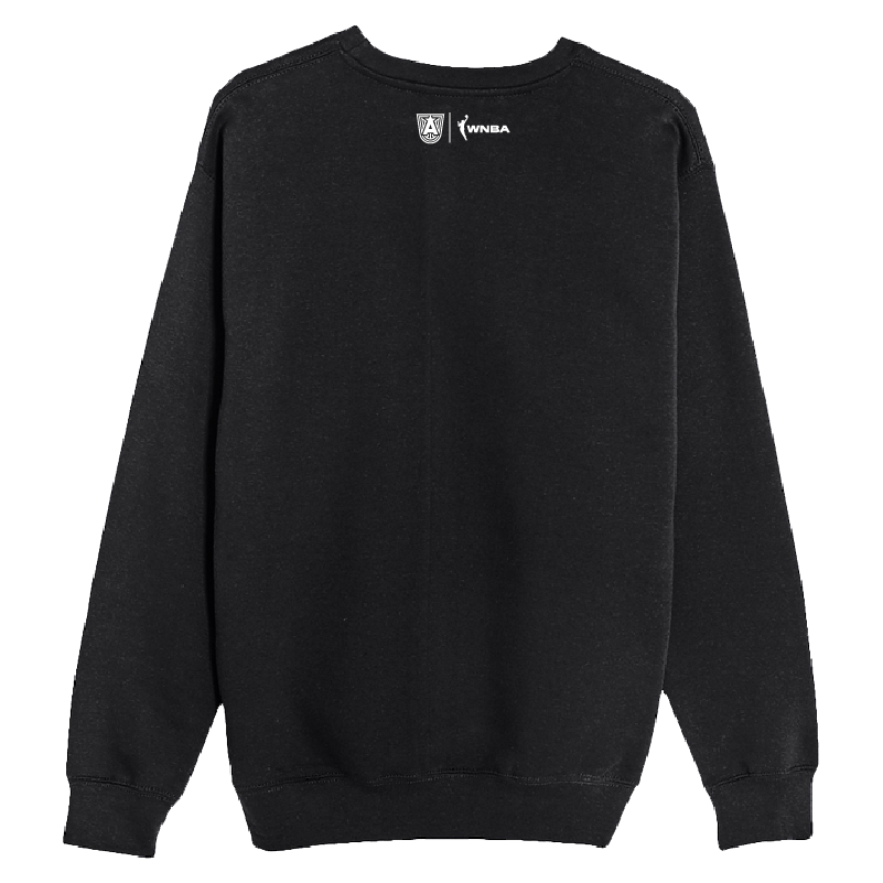 Back of 'Welcome to the A' back of Sweatshirt - Front has large WELCOME letters in white with 'to the' in smaller white letters with a scripted 'A' in red. Back as a small white badge of A logo crest and WNBA logo.