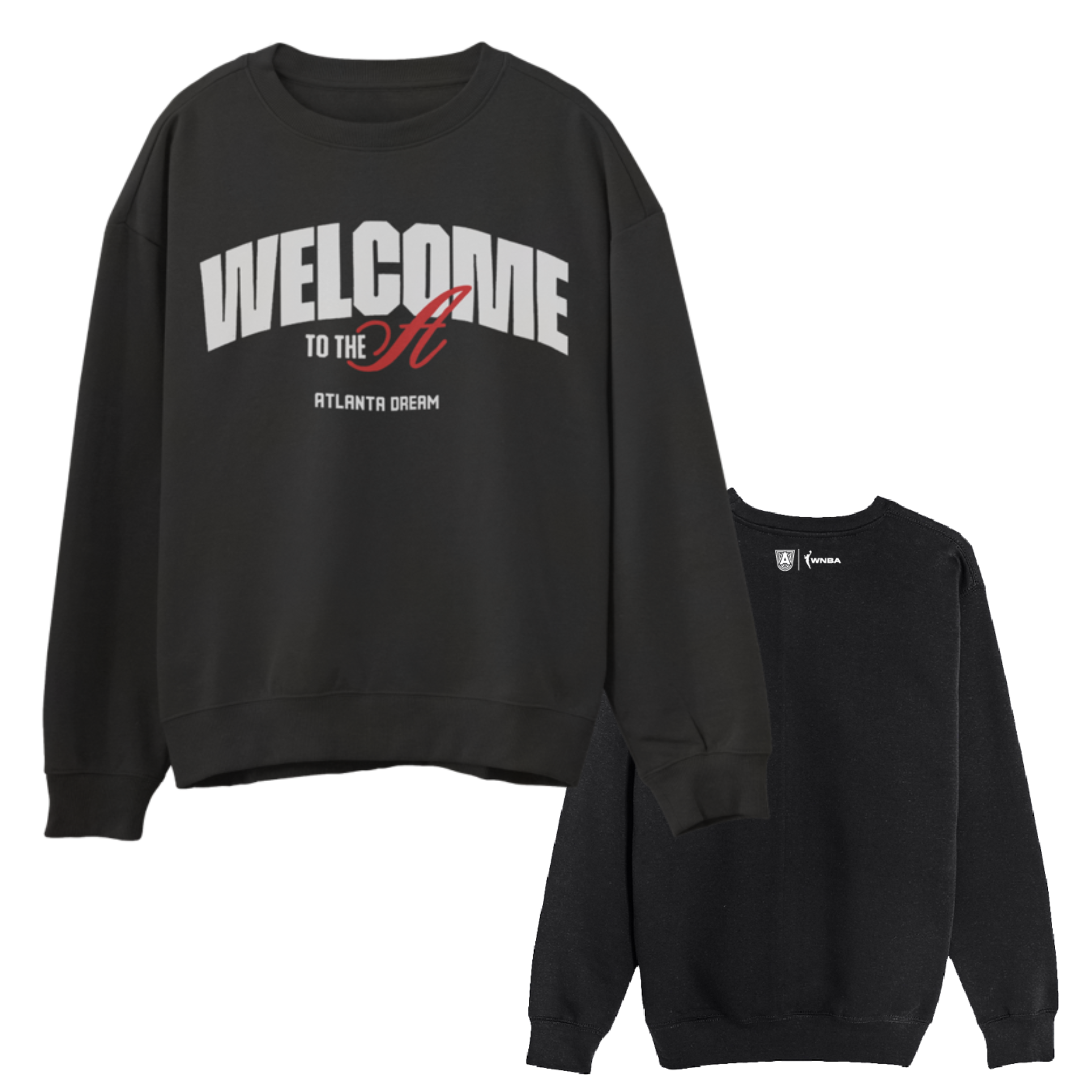 front and back image of 'Welcome to the A' back of Sweatshirt - Front has large WELCOME letters in white with 'to the' in smaller white letters with a scripted 'A' in red. Back as a small white badge of A logo crest and WNBA logo.