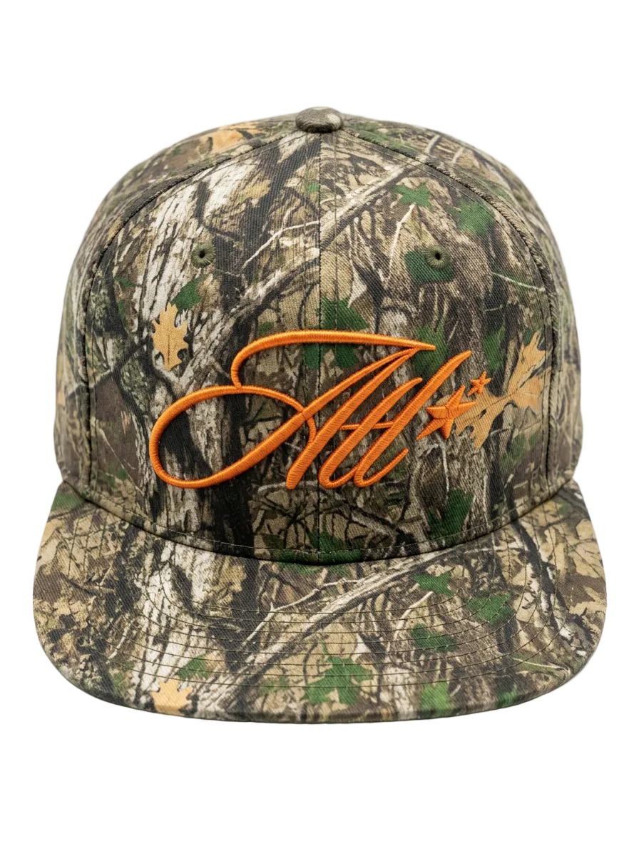 Camo hat with "Atl" text in orange on front of hat