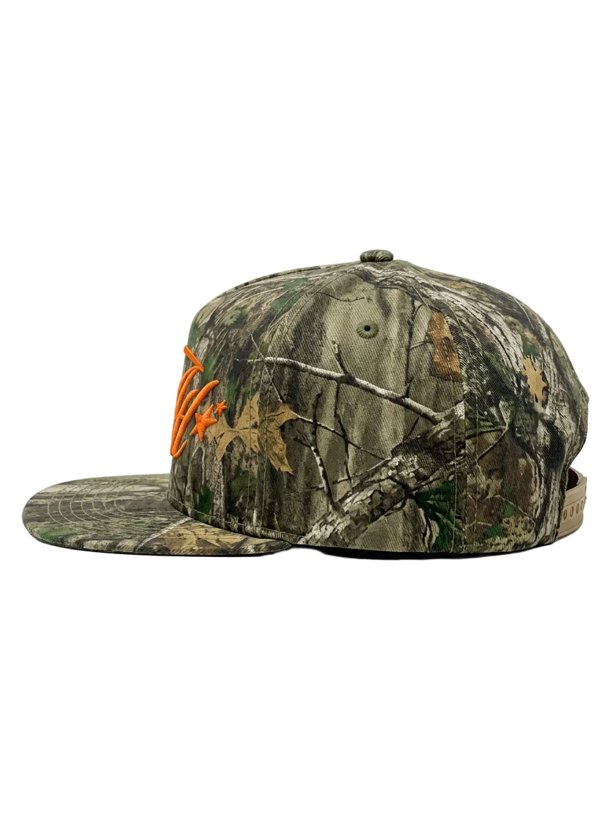 Camo hat with "Atl" text in orange on front of hat