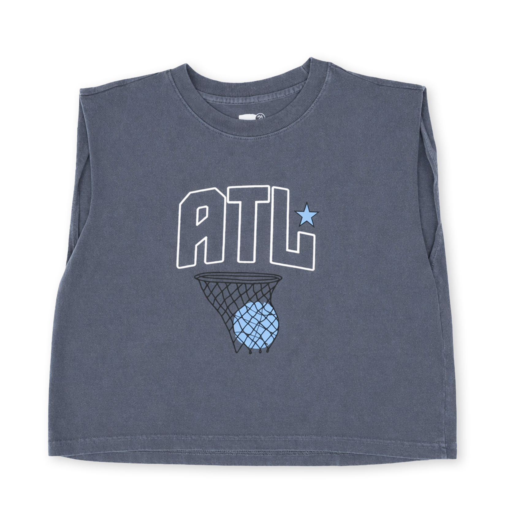 Blue sleeveless shirt with 'ATL' and basketball graphic
