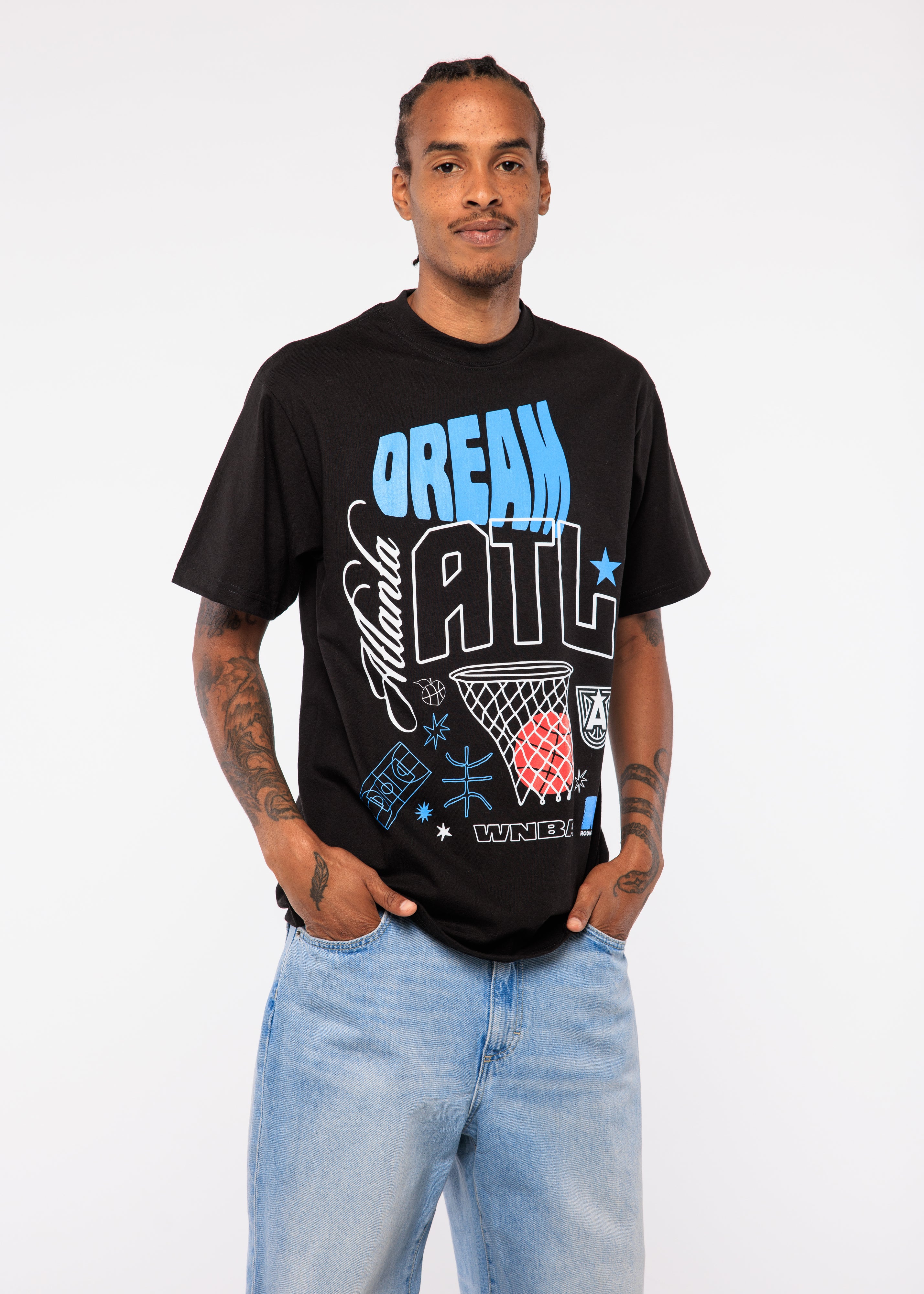 Man wearing a black t-shirt with 'Dream Atlanta ATL' design