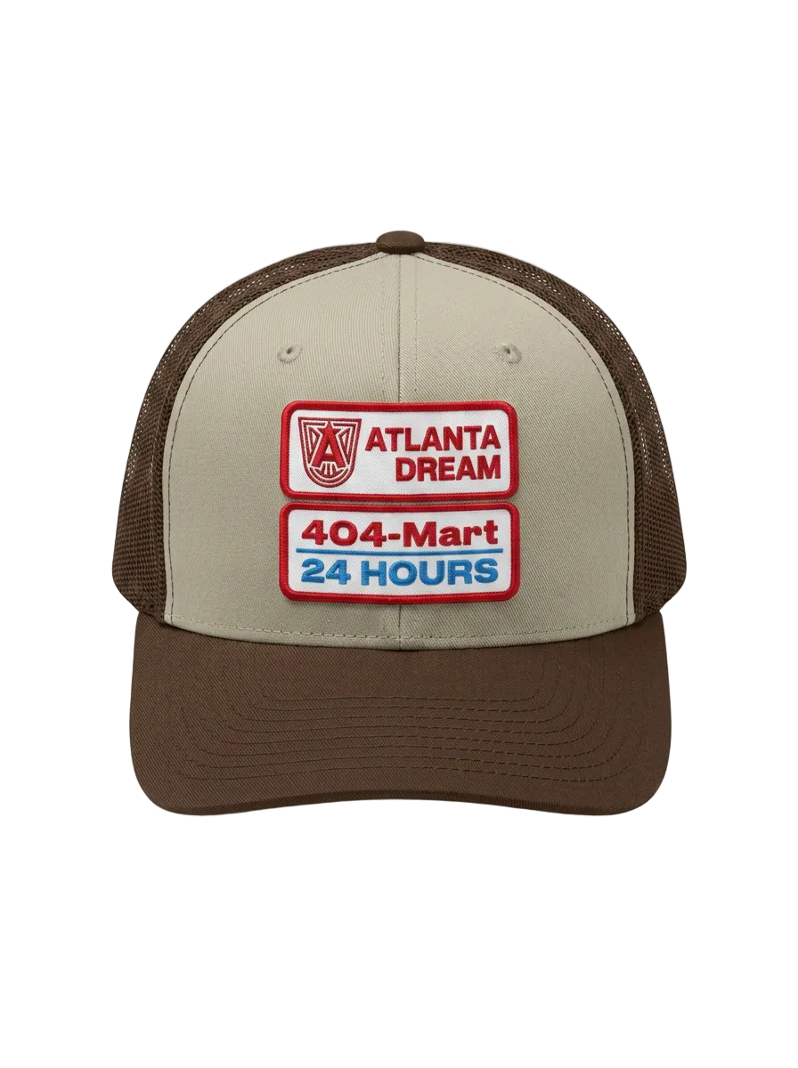 Two-toned brown hat with two patches on front reading "Atlanta Dream" and "404-Mart 24 Hours"