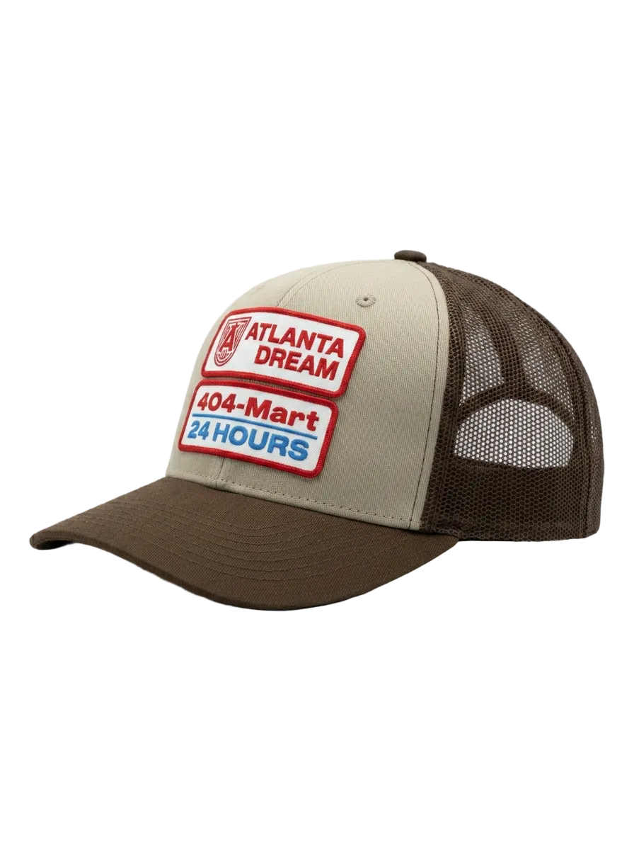 Two-toned brown hat with two patches on front reading "Atlanta Dream" and "404-Mart 24 Hours"