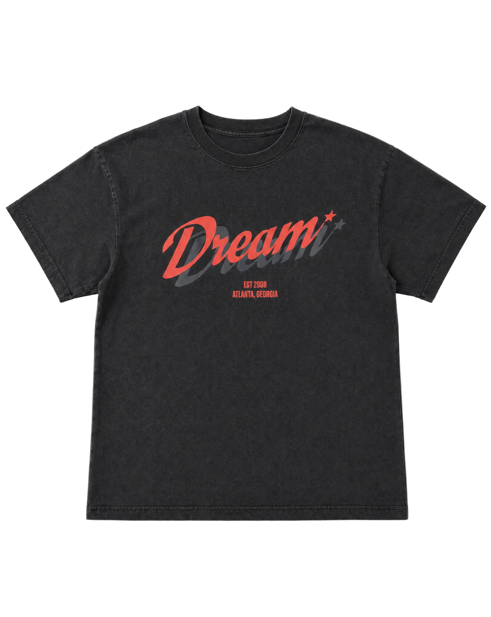 Black t-shirt with red and white text 