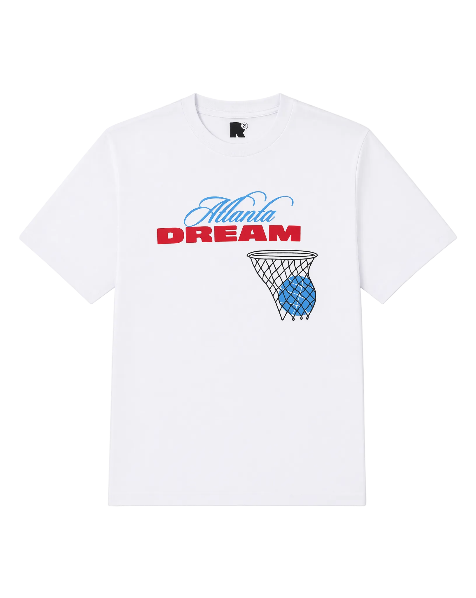 White t-shirt with 'Atlanta Dream' logo featuring a basketball and net