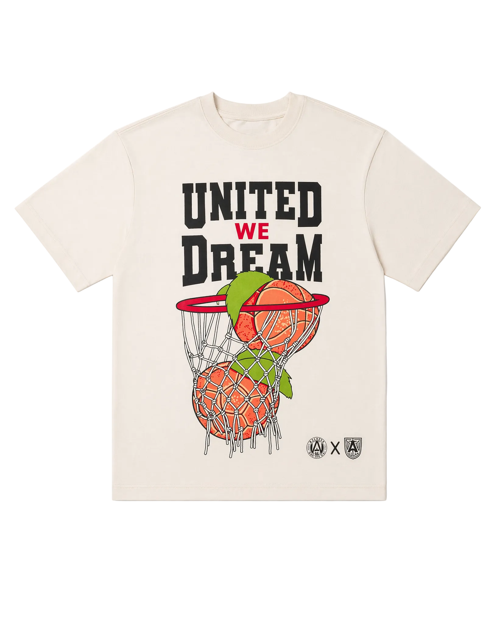 Beige t-shirt with basketball graphic and 'United We Dream' text 