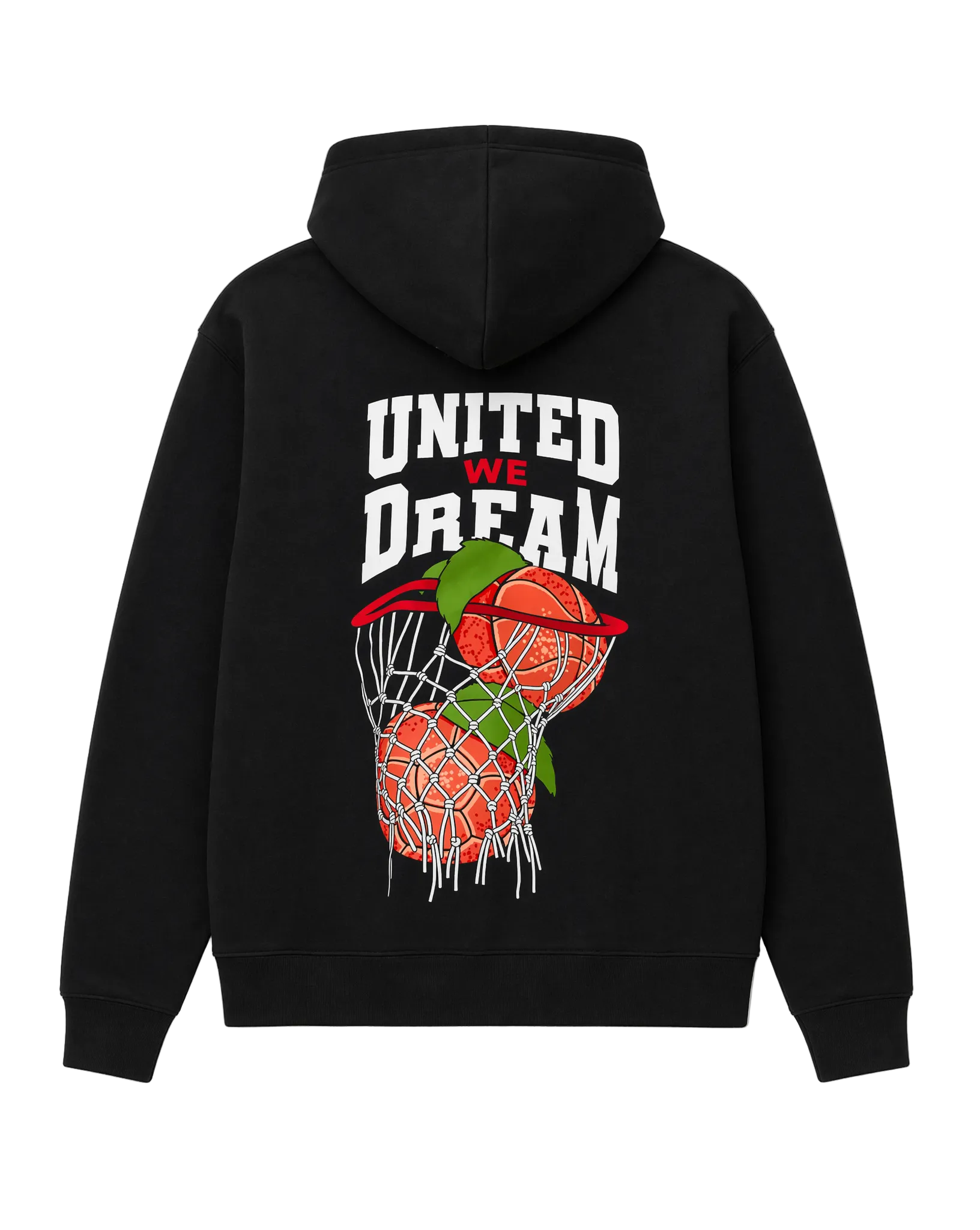 Black hoodie with 'United We Dream' text and basketball graphic 