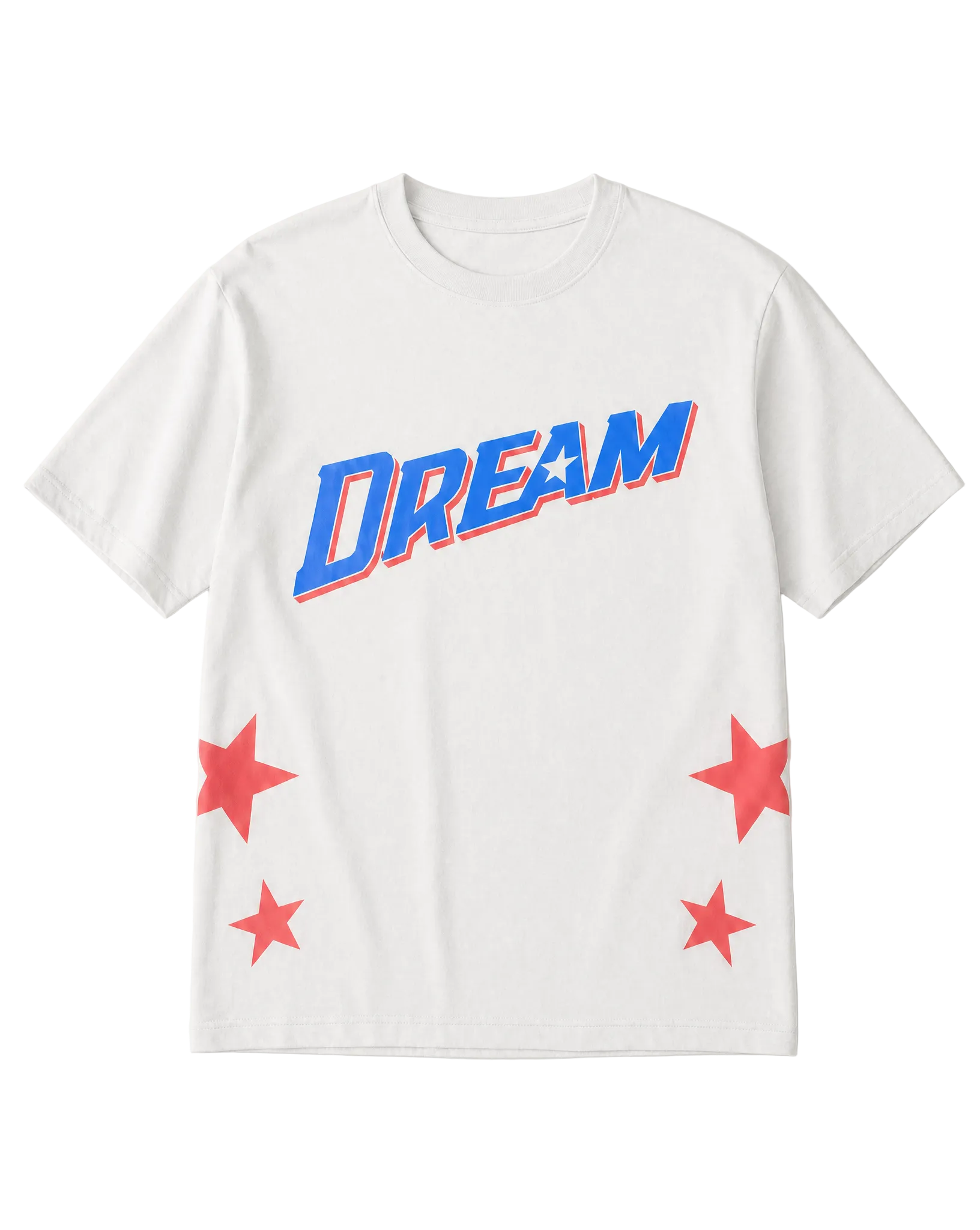 White t-shirt with 'DREAM' in blue and red stars