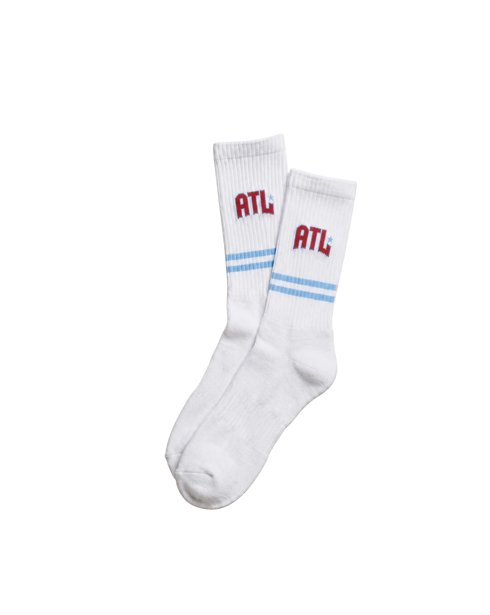 White socks with 'ATL' text and blue stripes