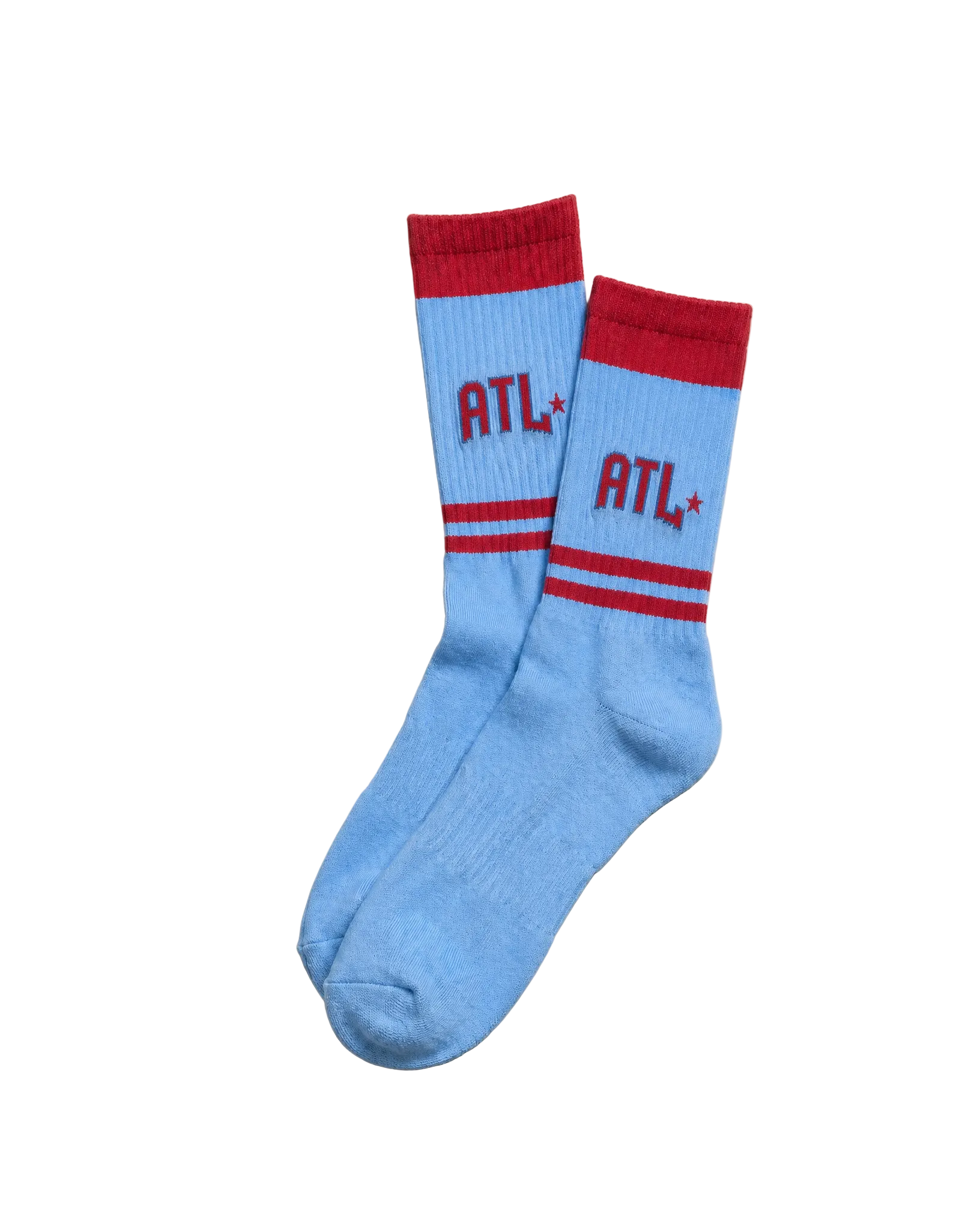 Blue socks with red accents and 'ATL' text 