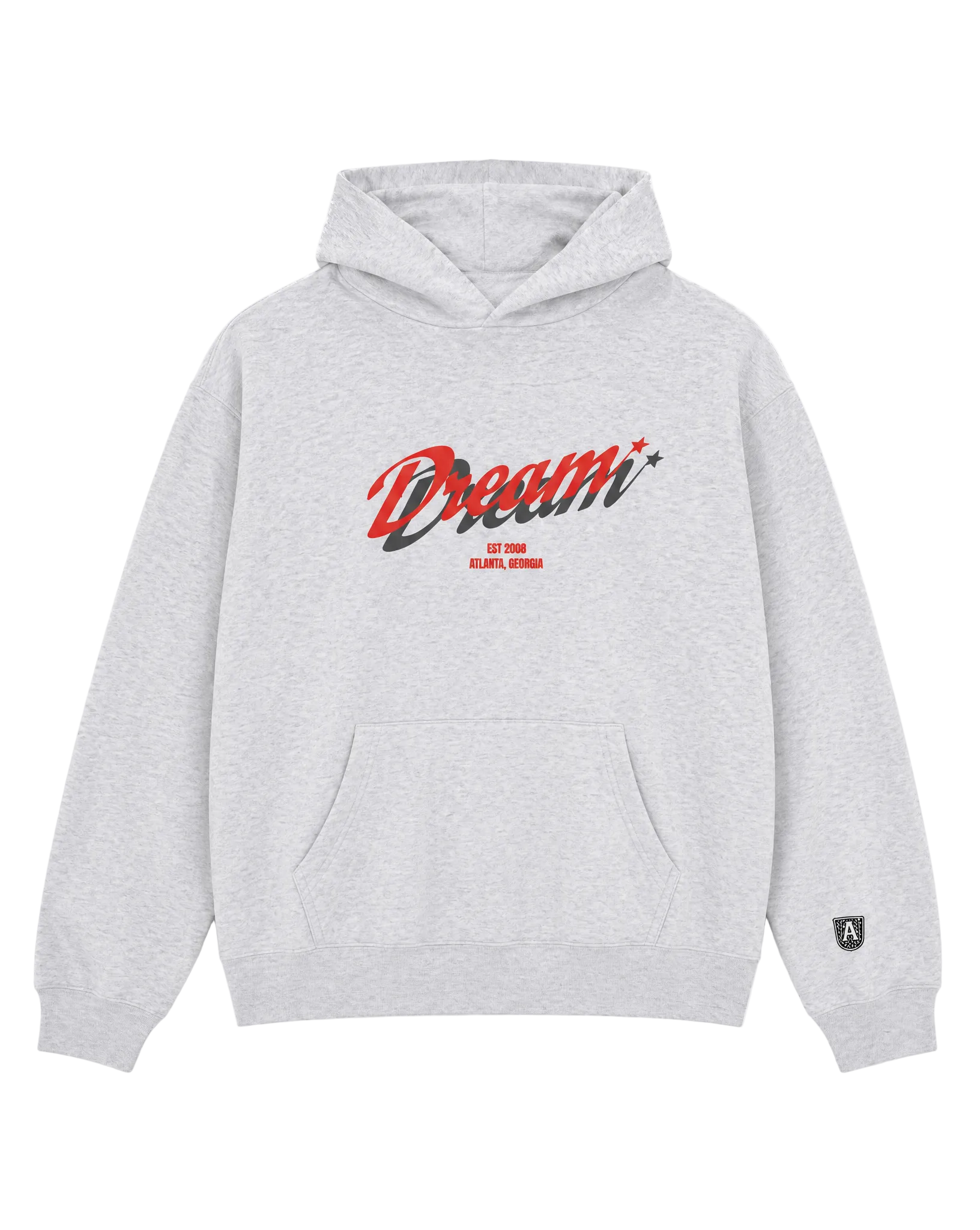 Gray hoodie with red and black text 
