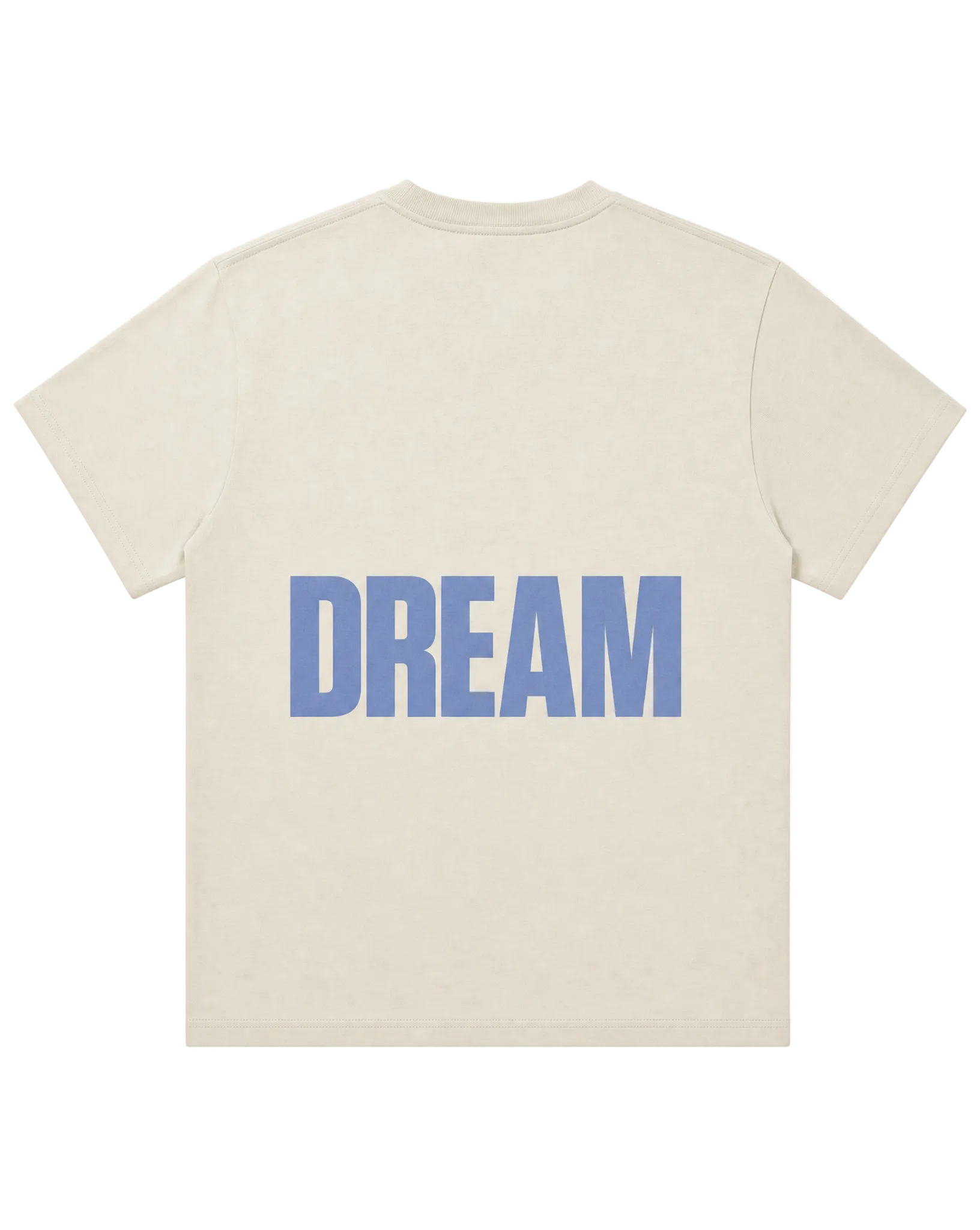 Cream colored t-shirt with 'DREAM' printed in blue