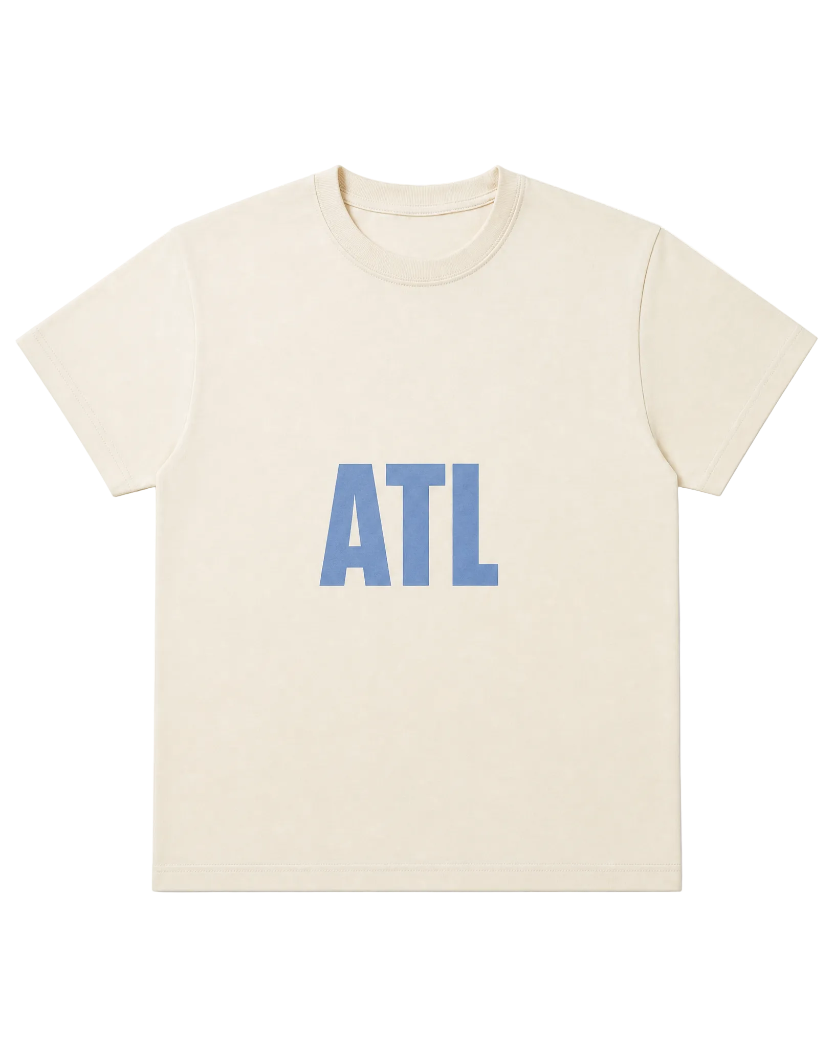 Cream t-shirt with "ATL" text in blue