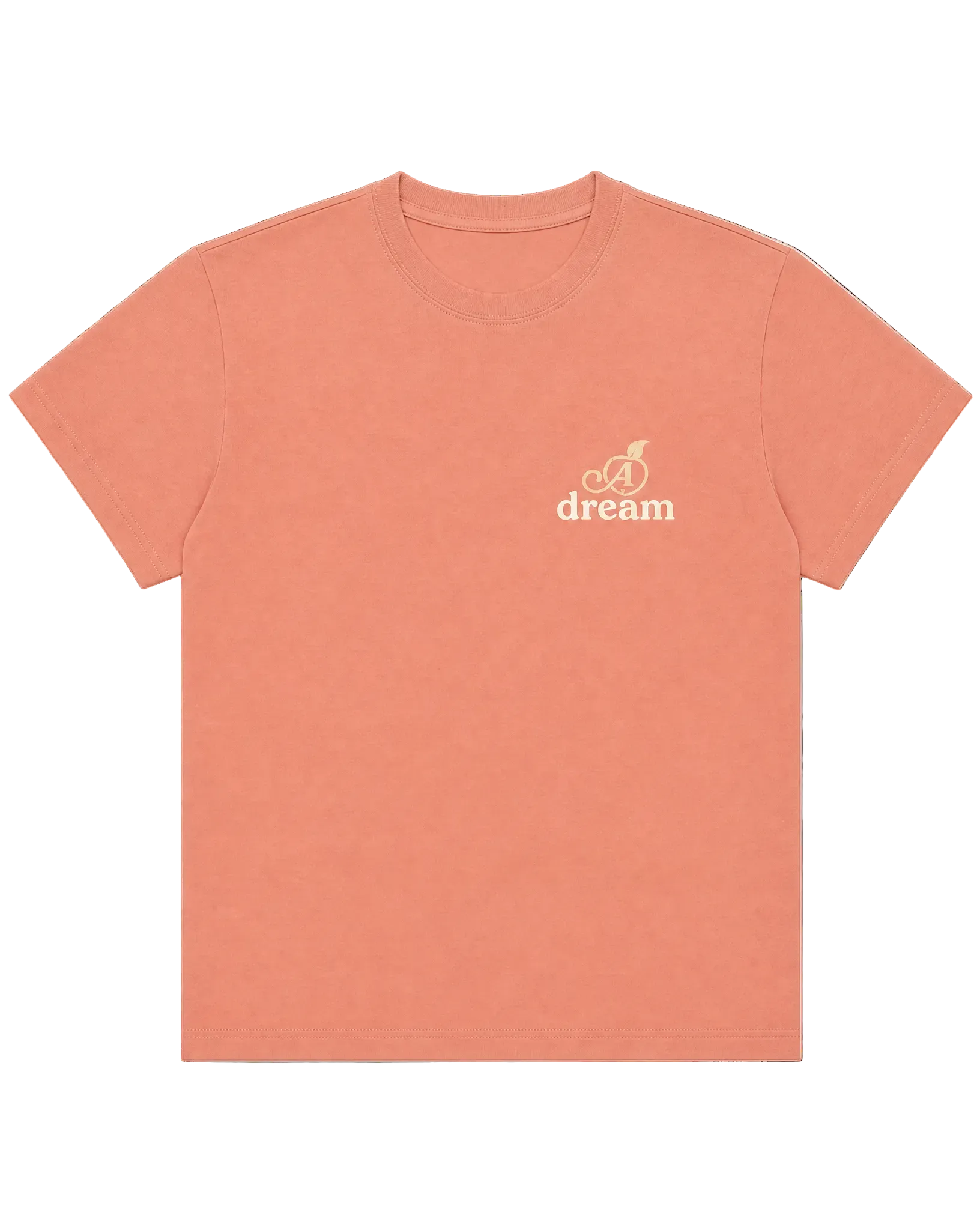 Coral t-shirt with a small logo and text