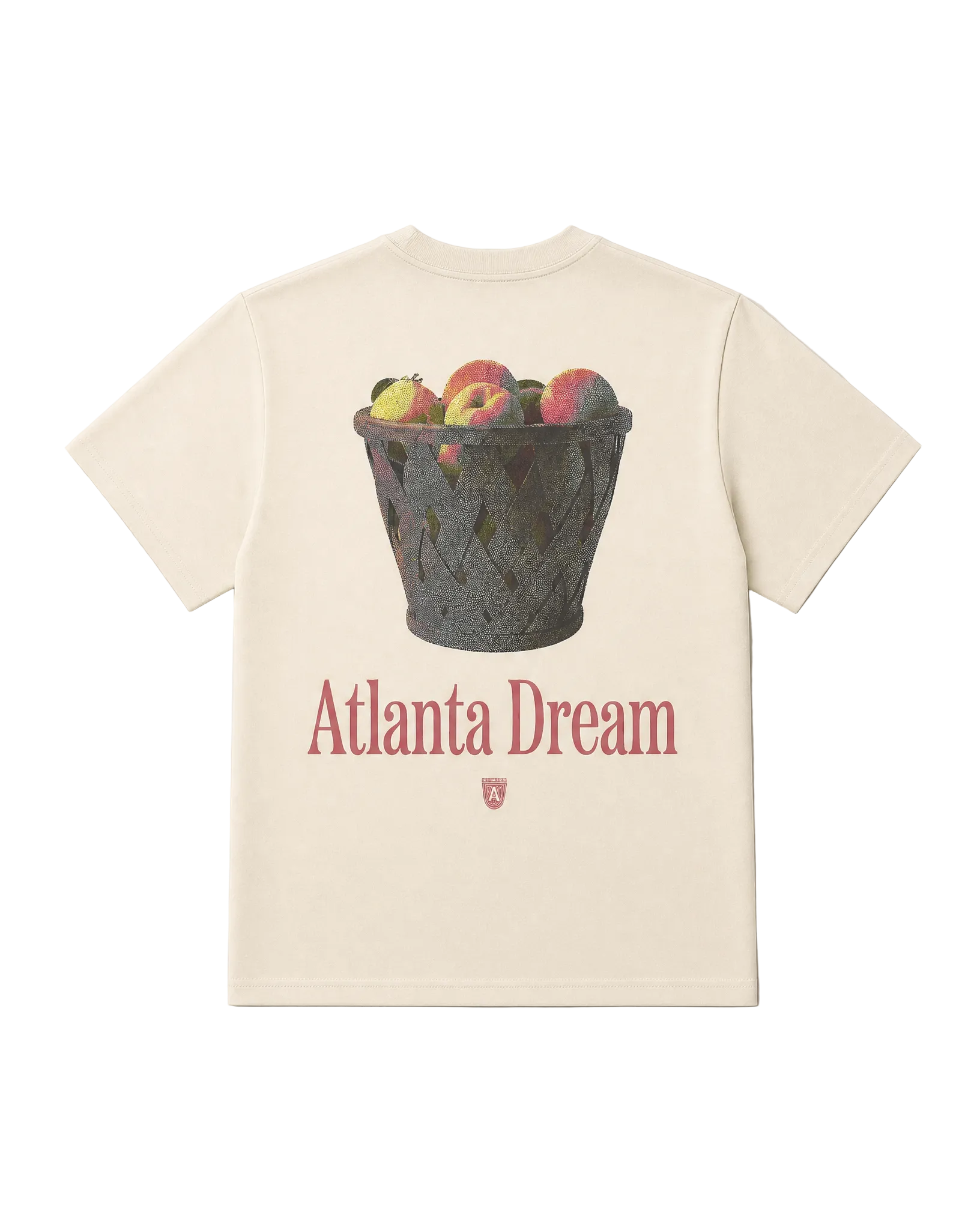 Cream colored t-shirt with "Atlanta Dream" text on back and a basket of peaches