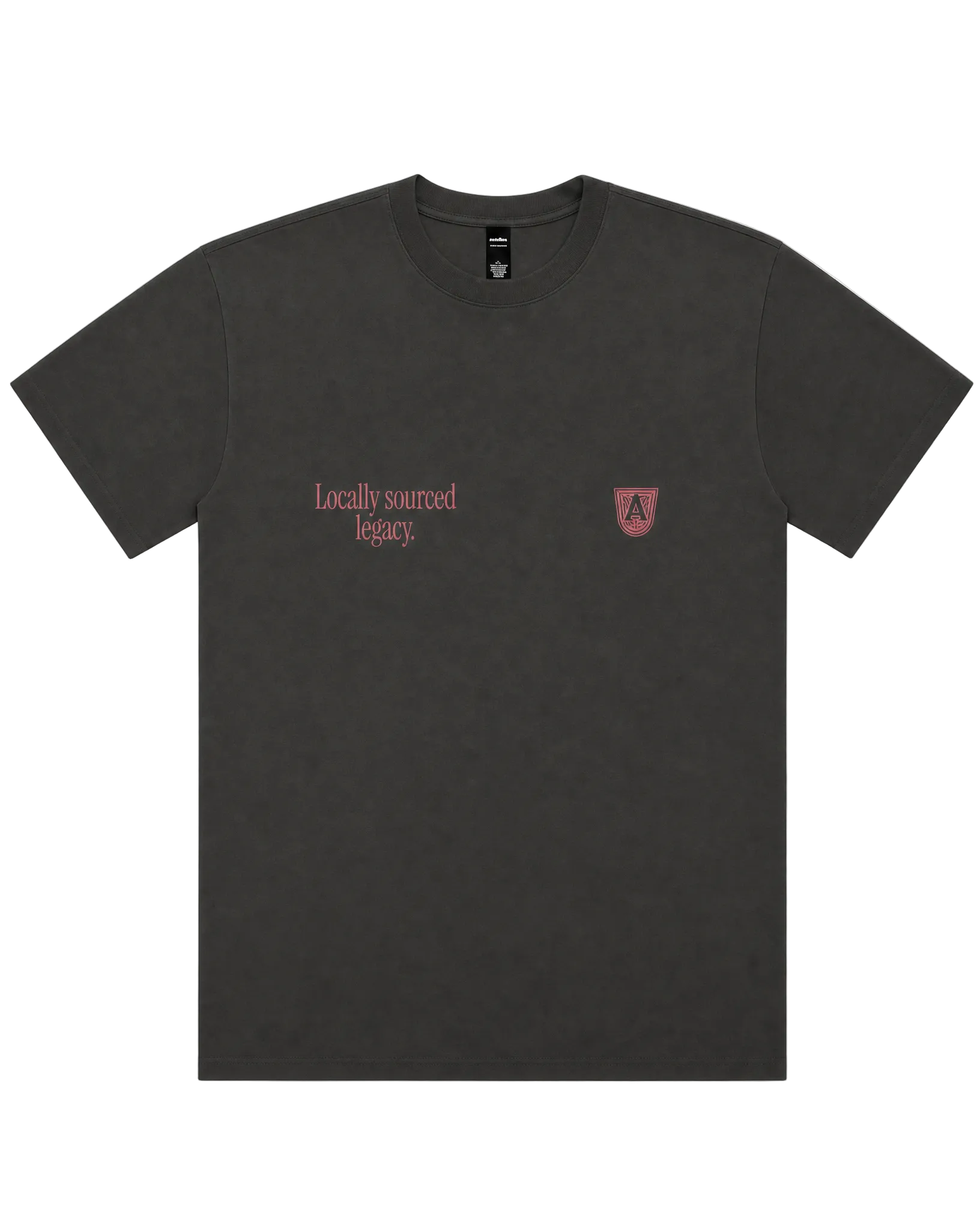 Charcoal black t-shirt with "locally sourced legacy" on front