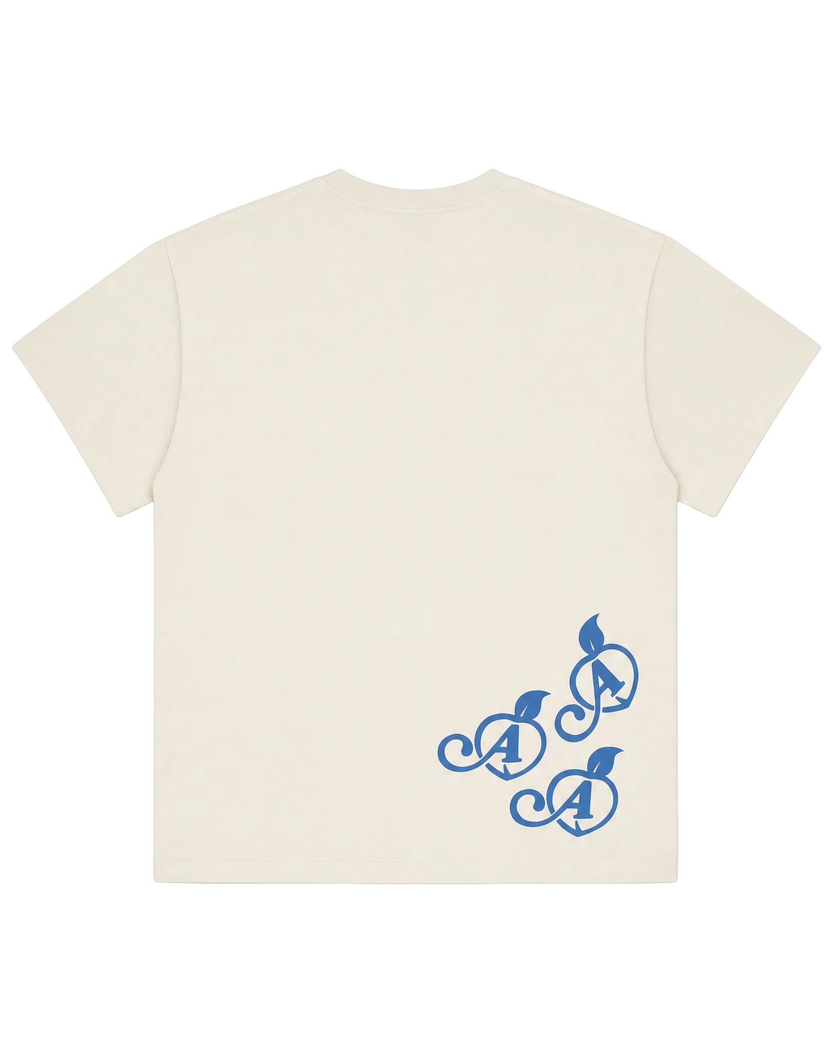 Cream t-shirt with Atlanta peach icons on back of shirt.