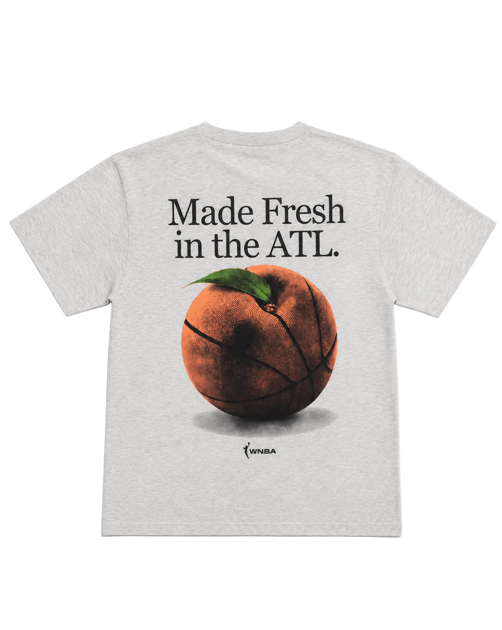 Gray t-shirt with a peach graphic and text 'Made Fresh in the ATL'