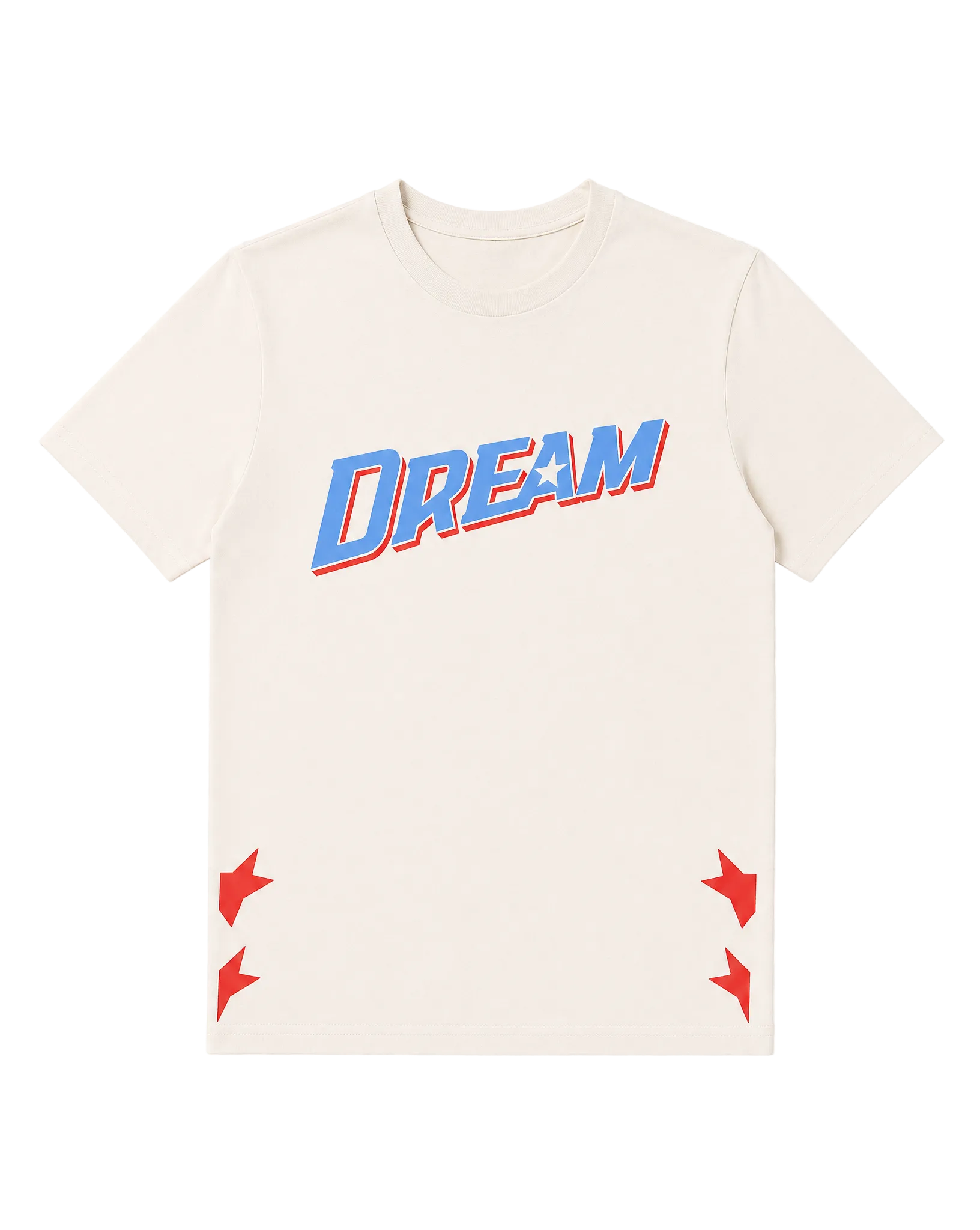 Beige t-shirt with 'DREAM' printed in blue and red 