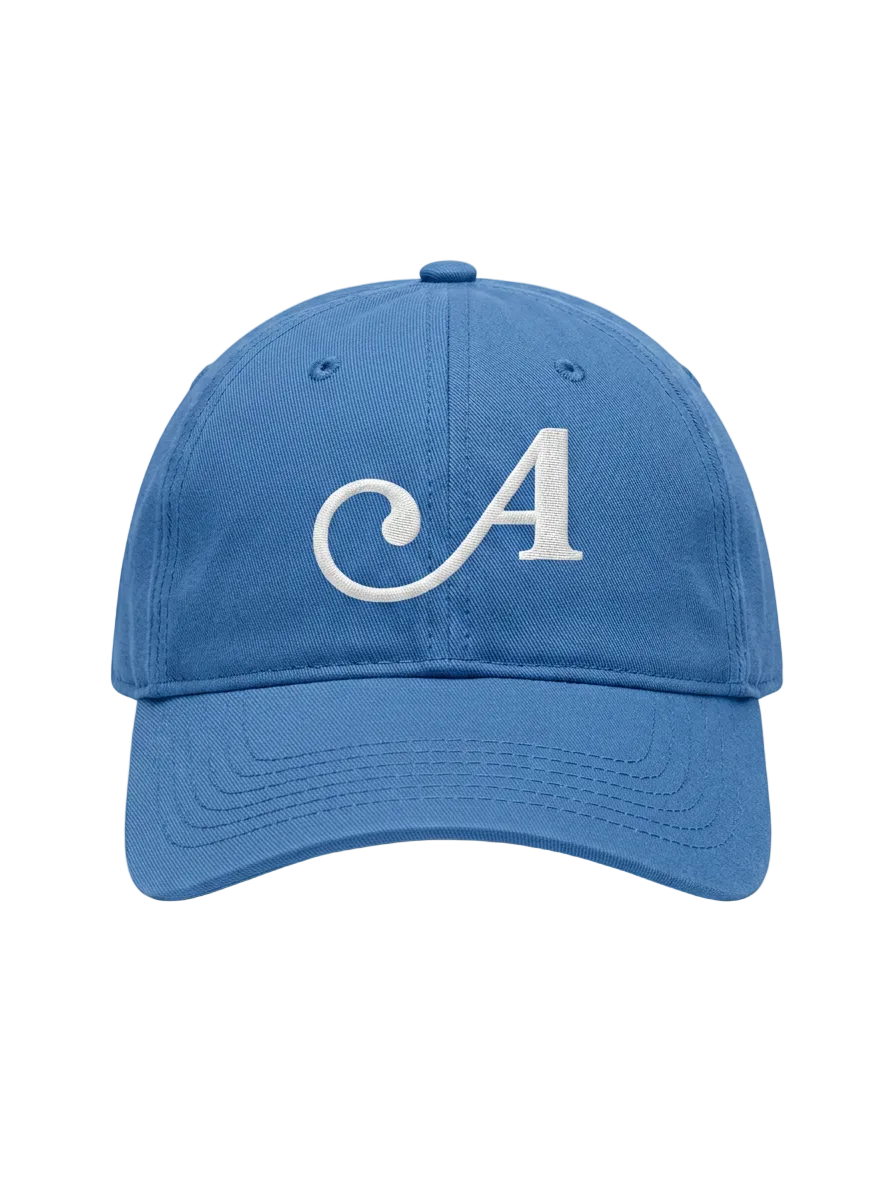 Blue hat with italic "A"
