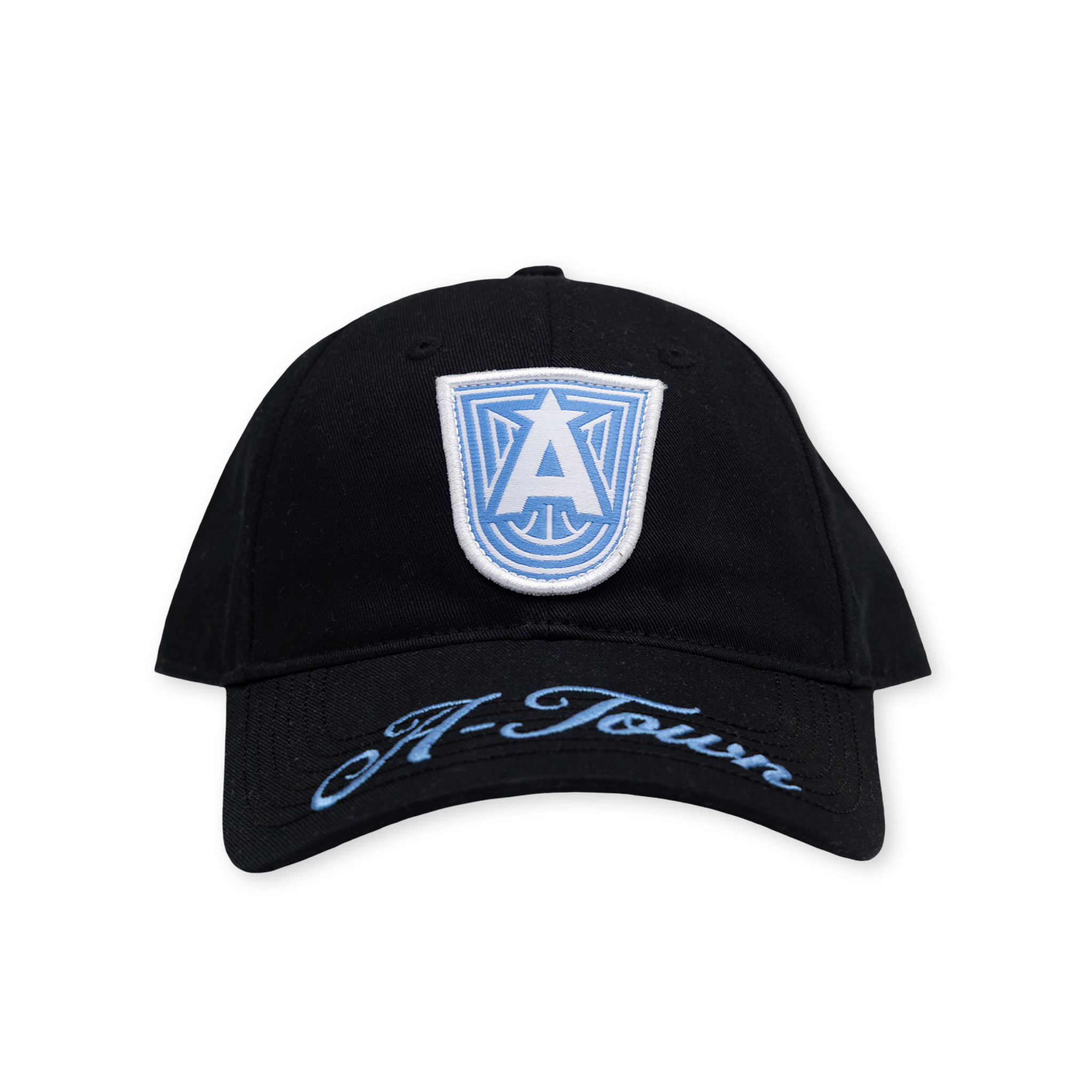 Black cap with blue and white emblem and 'A Town' text 