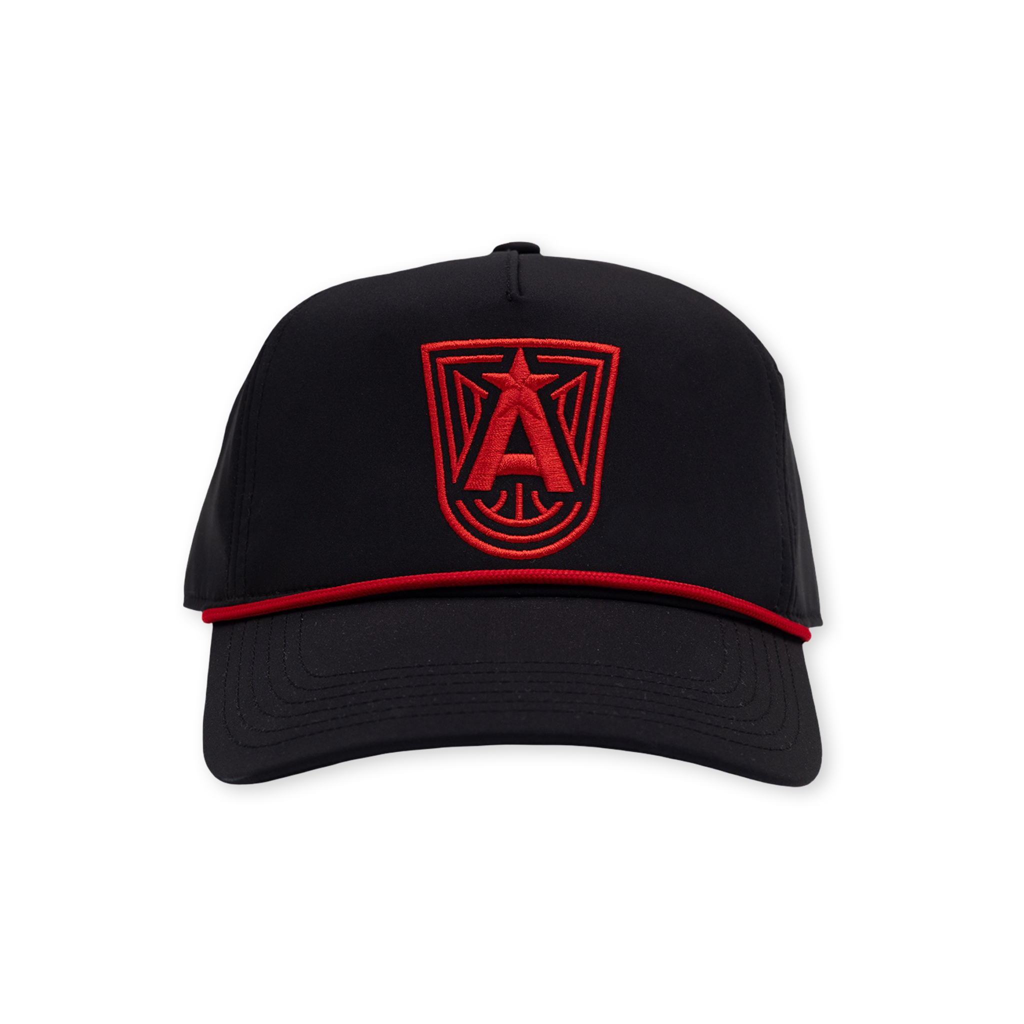 Black cap with a red logo 