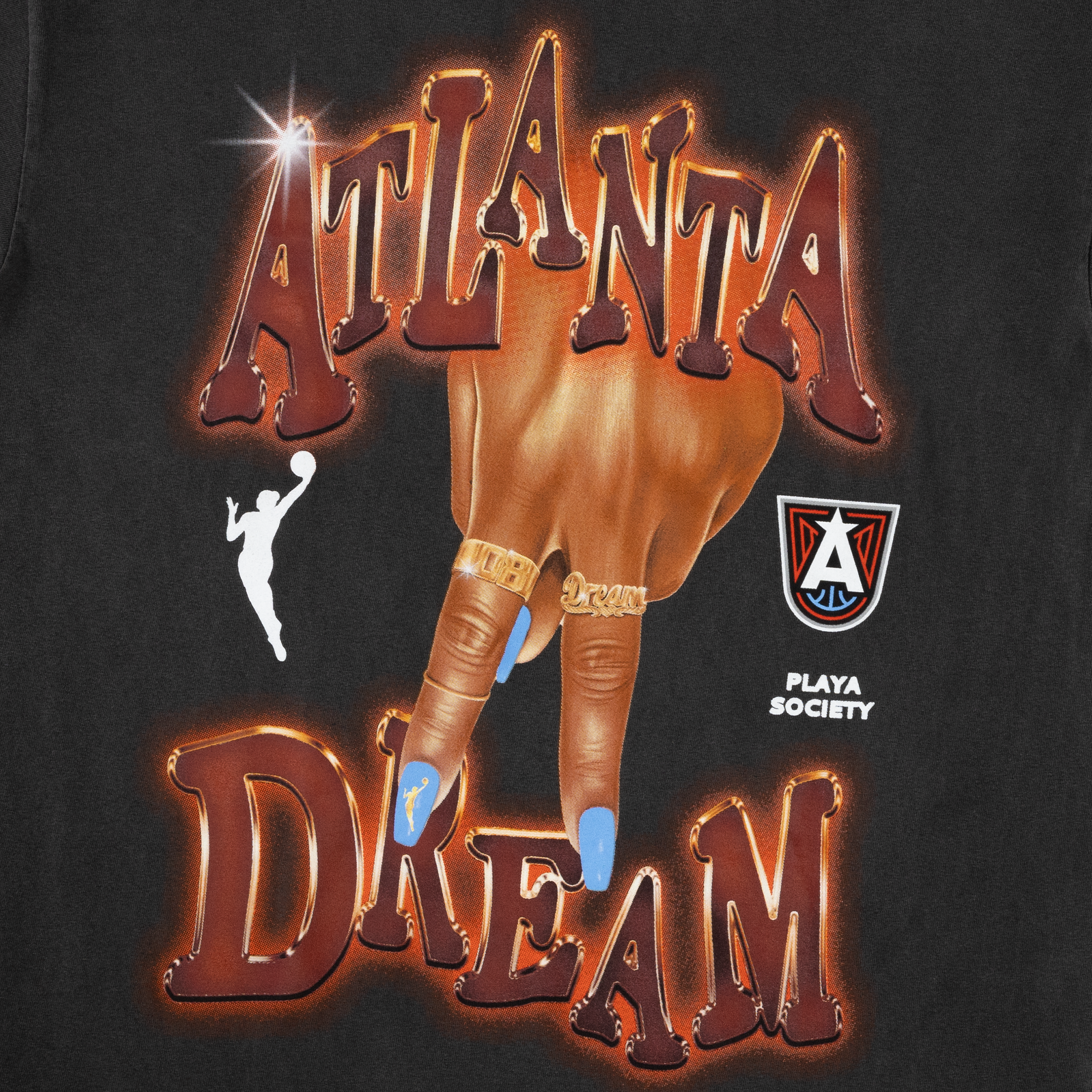 Black t-shirt with 'Atlanta Dream' graphic featuring a basketball player and logo 