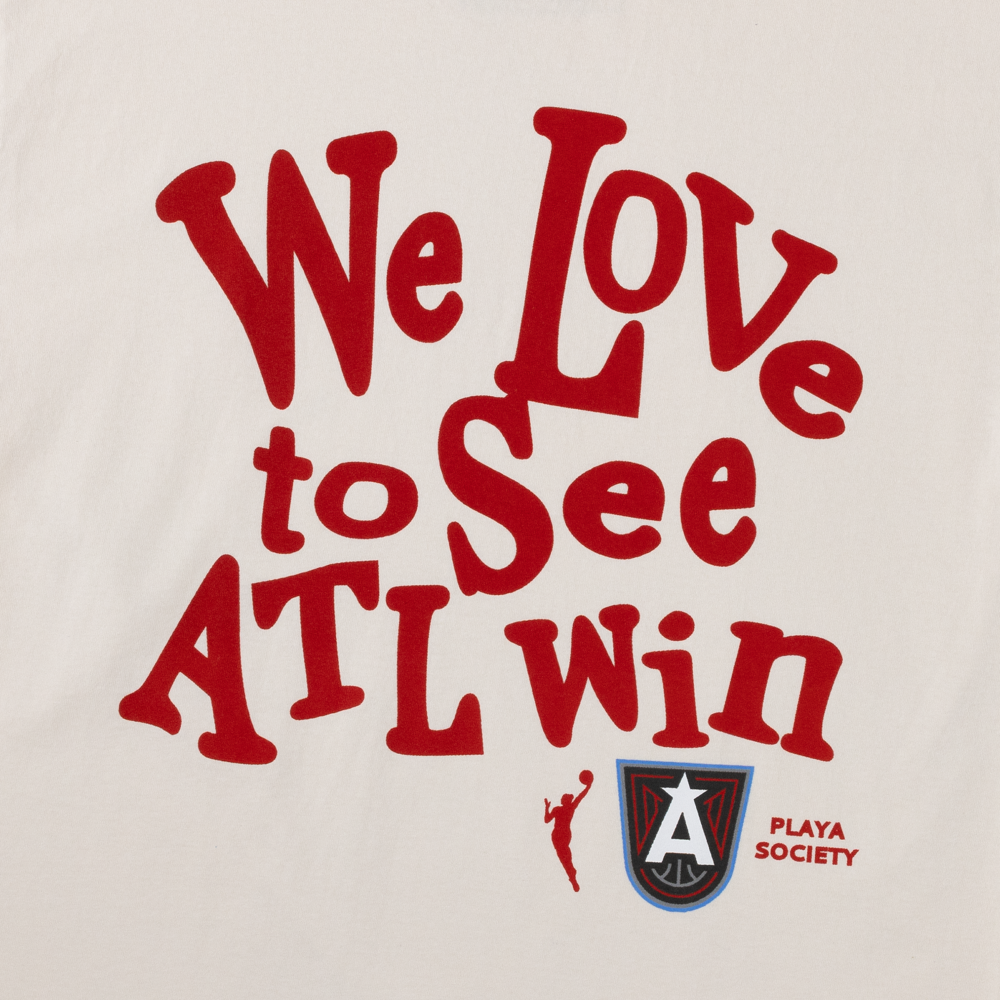 Text 'We Love to See ATL Win' in red on a beige background with a logo below.