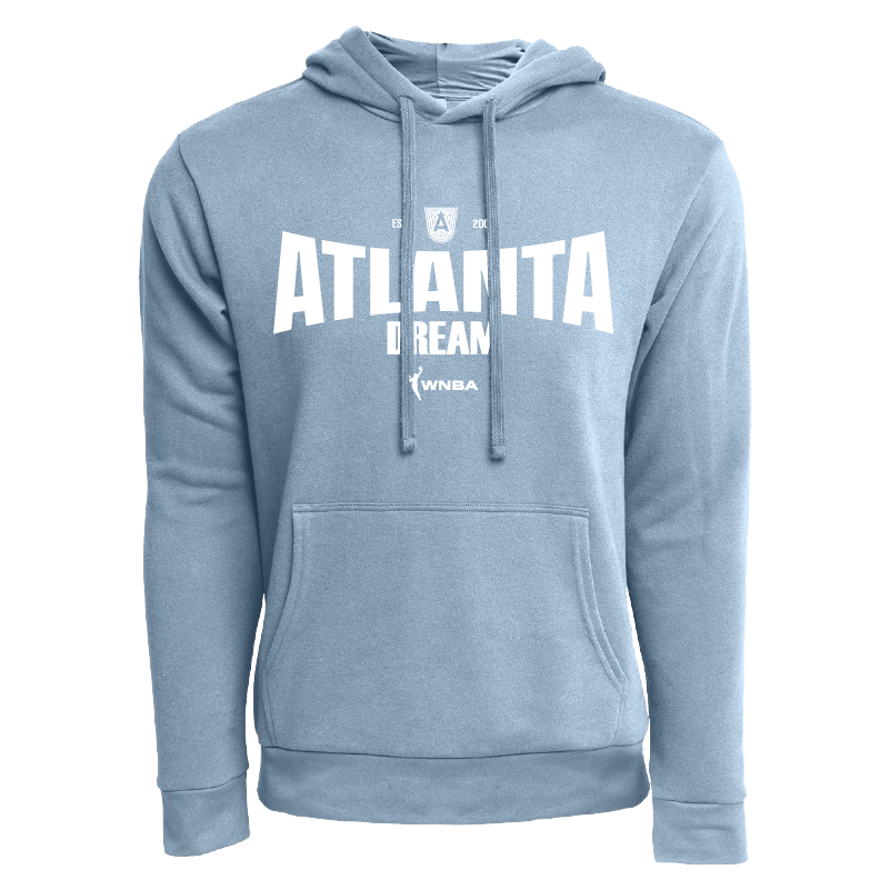 Atlanta Dream Classic Logo Hoodie. Light blue hoodie featuring the ATL Dream classic logo in bold white letters across the chest, with "EST. 2008" above the logo. The hoodie has dyed-to-match flat drawcords, a front kangaroo pocket, and ribbed cuffs and waistband. Official WNBA and Atlanta Dream logos are displayed at the bottom.