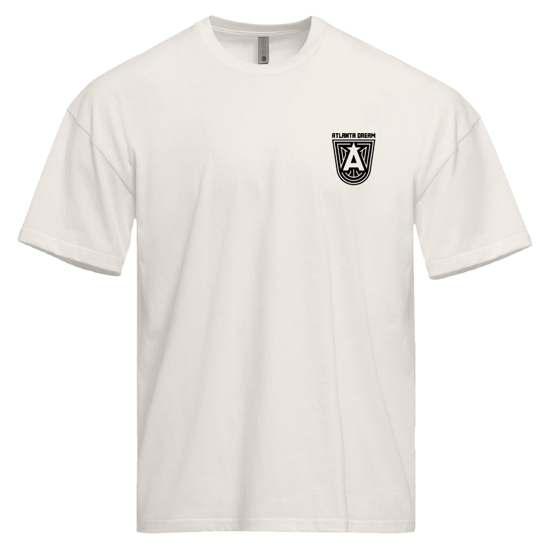 Front of Atlanta Dream Made Fresh in ATL T-Shirt. White t-shirt featuring the graphic "Made Fresh in the ATL" in bold text above a basketball designed to look like an Atlanta peach. The shirt has a relaxed fit with drop shoulders, a raised collar, and a 1" neck band. The WNBA and Atlanta Dream logos are displayed at the bottom.