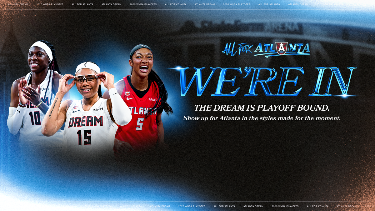 Promotional graphic for the All For Atlanta 2024 WNBA Playoffs, featuring three basketball players in white and red uniforms alongside large blue text reading 'WE'RE IN' and the All For Atlanta logo.