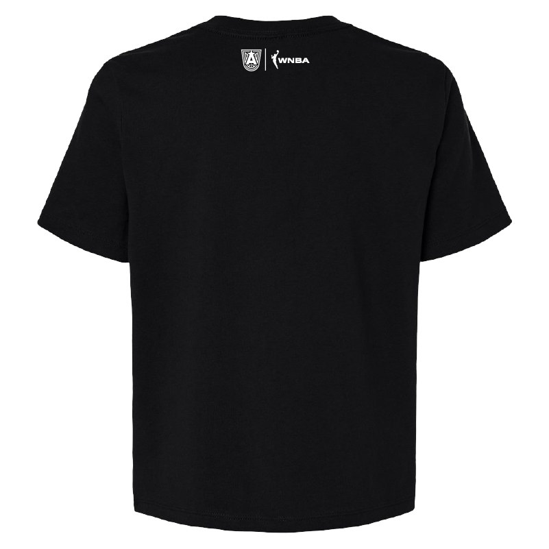 Back of Womens Crop Atlanta Dream Script Logo T-Shirt.Black cropped t-shirt featuring the ATL Dream script logo in white with a blue silhouette of a basketball player. The shirt has a mid-length, boxy fit with set-in sleeves and a double-stitched neck. Made from 100% Airlume combed and ring-spun cotton, designed for a comfortable, relaxed fit.