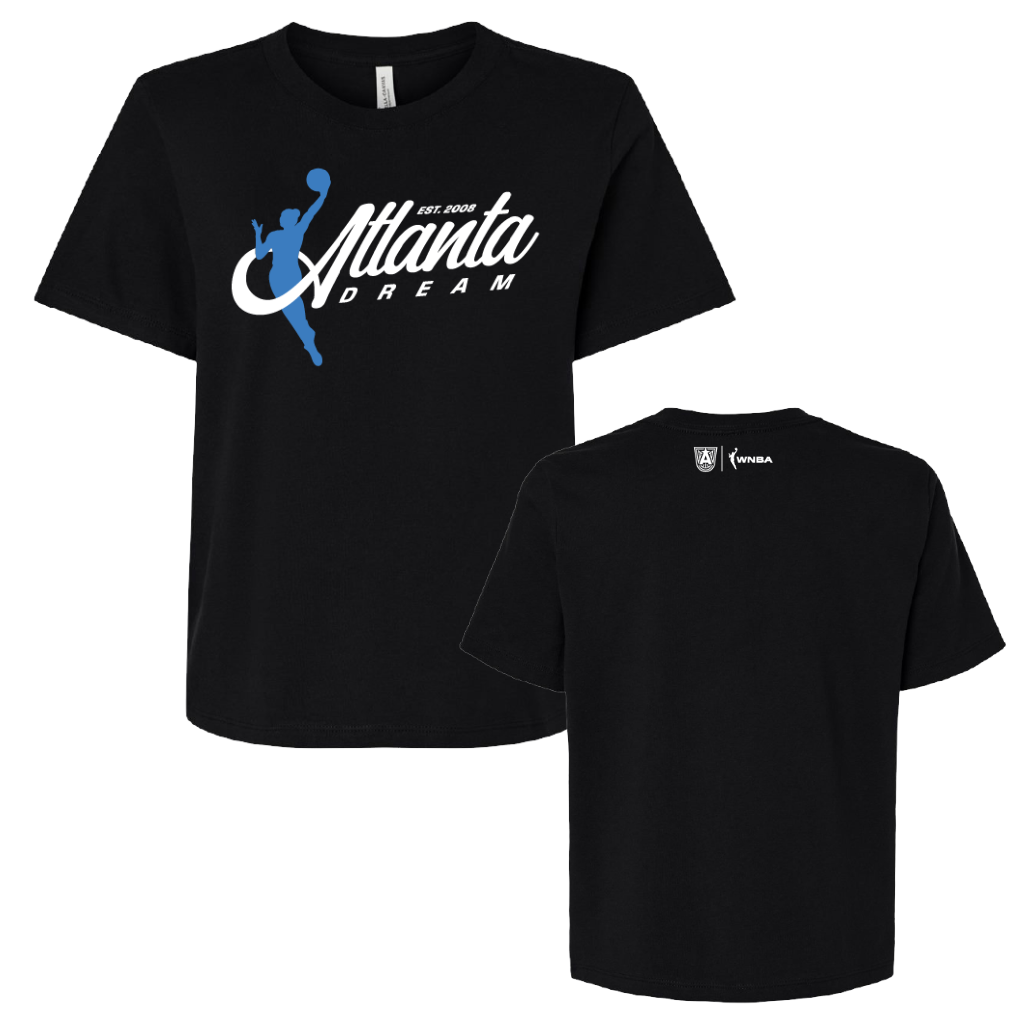 Front and Back of Womens Crop Atlanta Dream Script Logo T-Shirt.Black cropped t-shirt featuring the ATL Dream script logo in white with a blue silhouette of a basketball player. The shirt has a mid-length, boxy fit with set-in sleeves and a double-stitched neck. Made from 100% Airlume combed and ring-spun cotton, designed for a comfortable, relaxed fit.