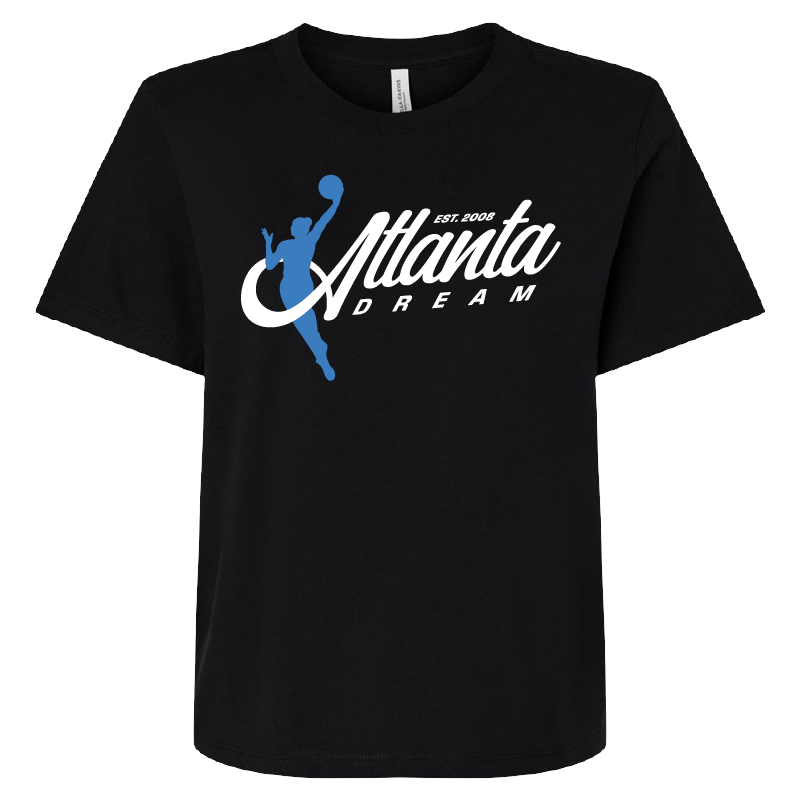 Womens Crop Atlanta Dream Script Logo T-Shirt.Black cropped t-shirt featuring the ATL Dream script logo in white with a blue silhouette of a basketball player. The shirt has a mid-length, boxy fit with set-in sleeves and a double-stitched neck. Made from 100% Airlume combed and ring-spun cotton, designed for a comfortable, relaxed fit.